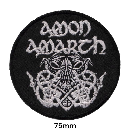 Amon Amarth Wordmark Viking Warrior Mask Knotwork Round Embroidered Patch 75mm – White/Silver & Black