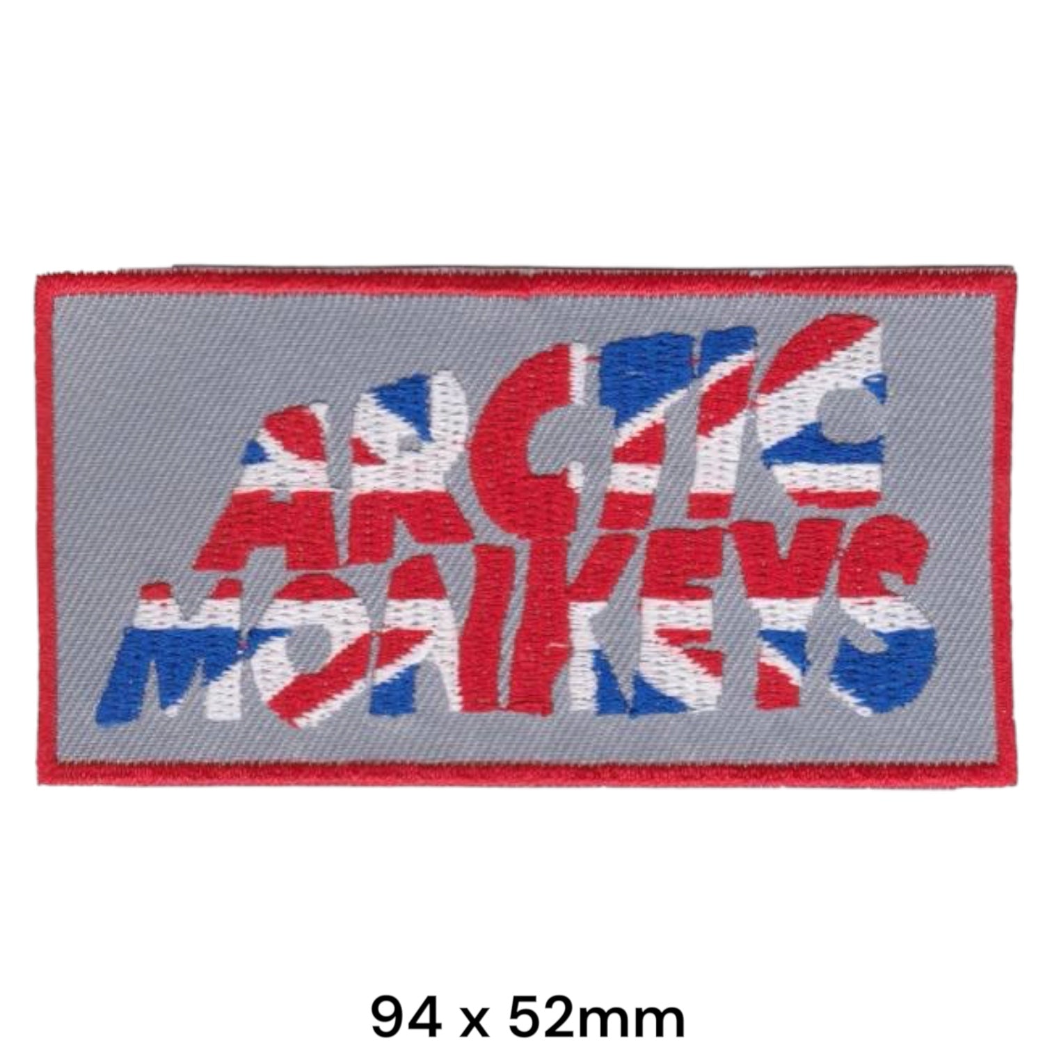Arctic Monkeys Union Jack Flag Two-Line Wordmark Rectangular Embroidered Patch 94x52mm – Red, White, Blue & Grey