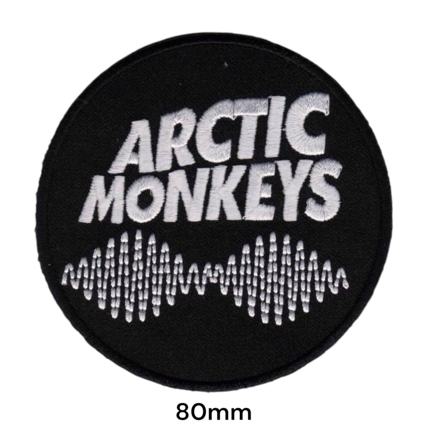 Arctic Monkeys Wordmark AM Soundwave Round Embroidered Patch 80mm – White/Silver & Black