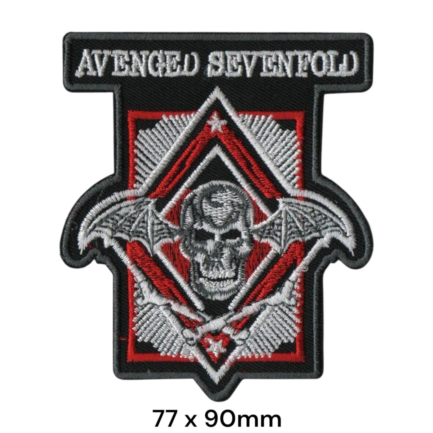 Avenged Sevenfold Deathbat Diamond Crest Wordmark Banner Die-Cut Embroidered Patch 77x90mm – White/Silver, Red & Black