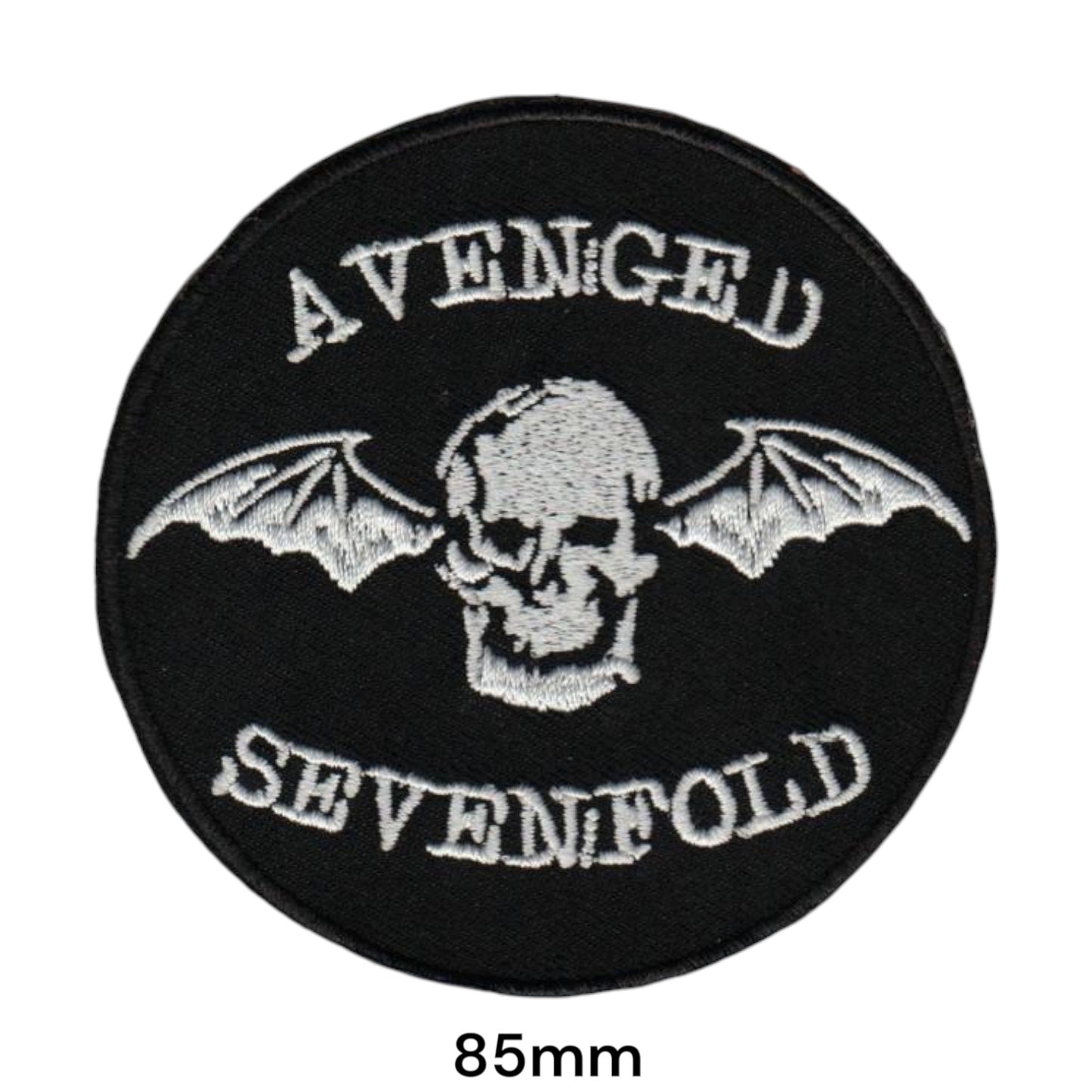 Avenged Sevenfold Deathbat Skull Arc Wordmark Round Embroidered Patch 85mm – White/Silver & Black