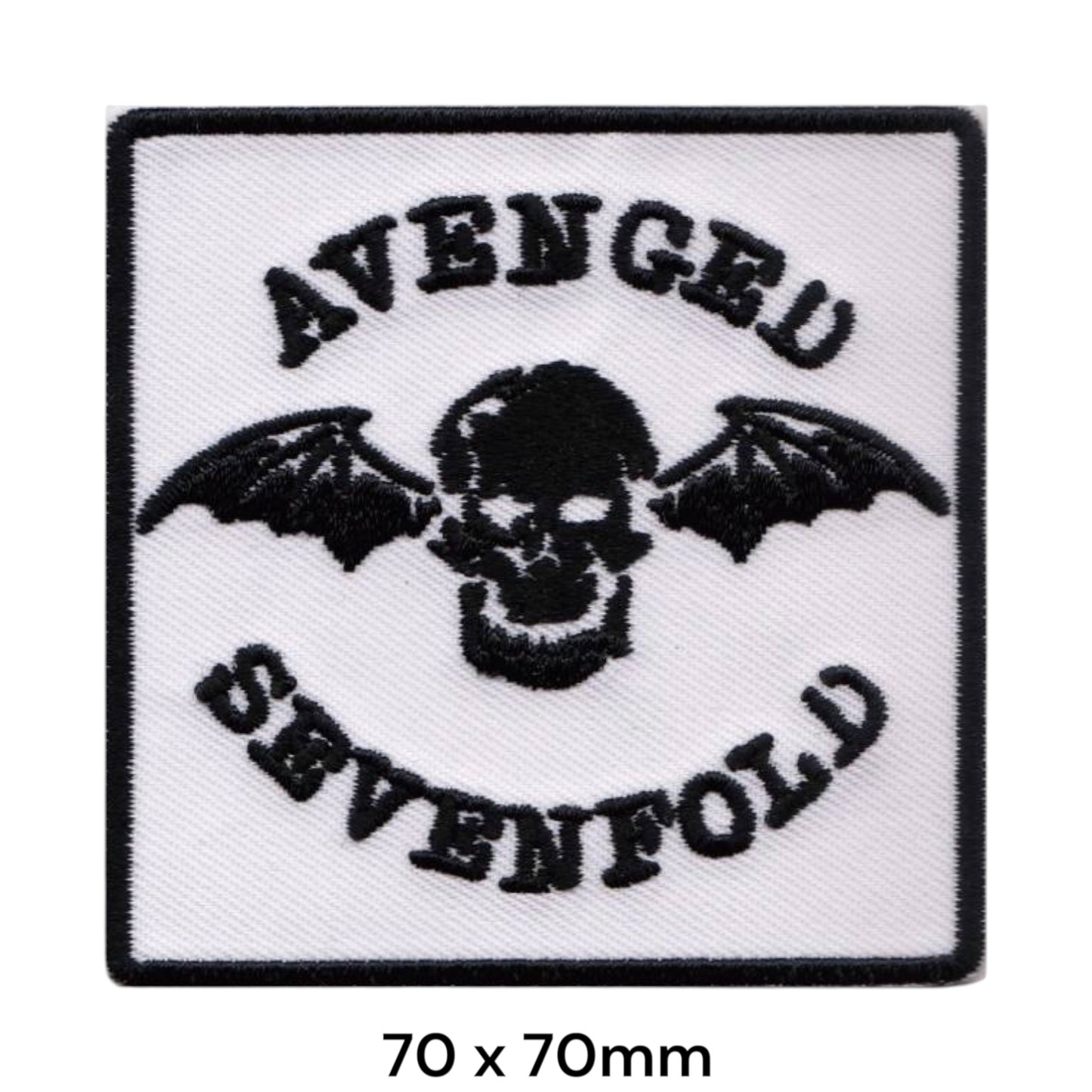 Avenged Sevenfold Deathbat Skull Arc Wordmark White Square Embroidered Patch 70x70mm – Black & White