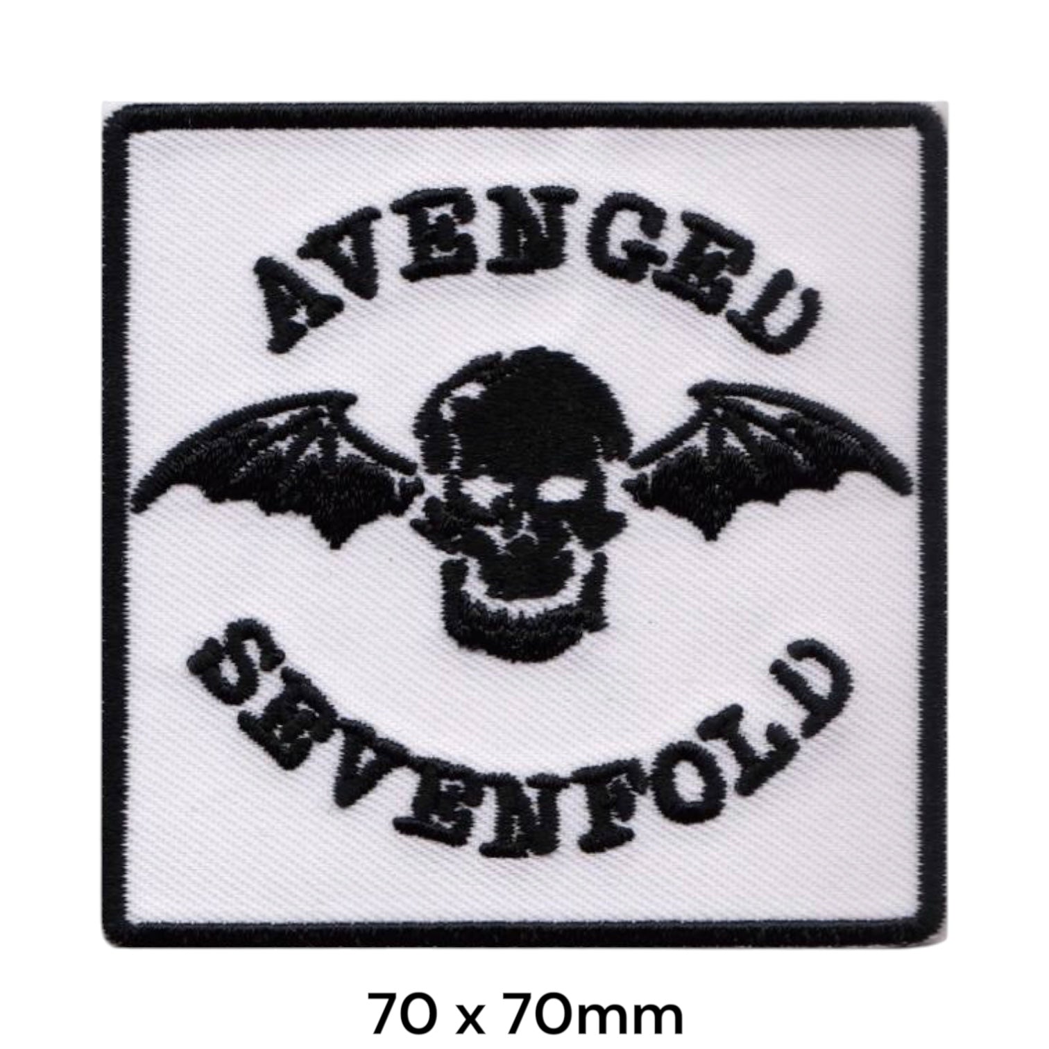 Avenged Sevenfold Deathbat Skull Arc Wordmark White Square Embroidered Patch 70x70mm – Black & White