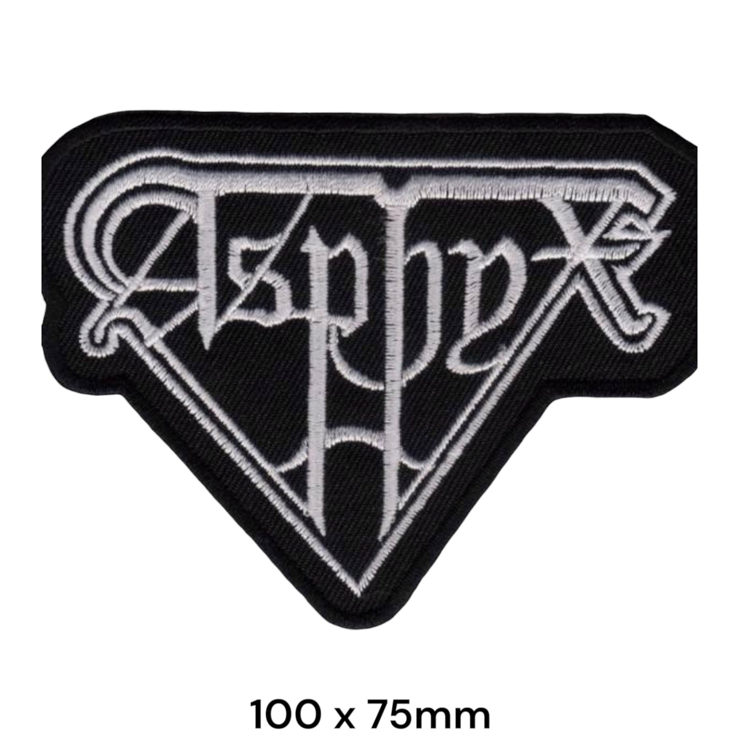 Asphyx Gothic Wordmark Diamond Triangle Die-Cut White Silver Embroidered Patch 100x75mm – White/Silver & Black