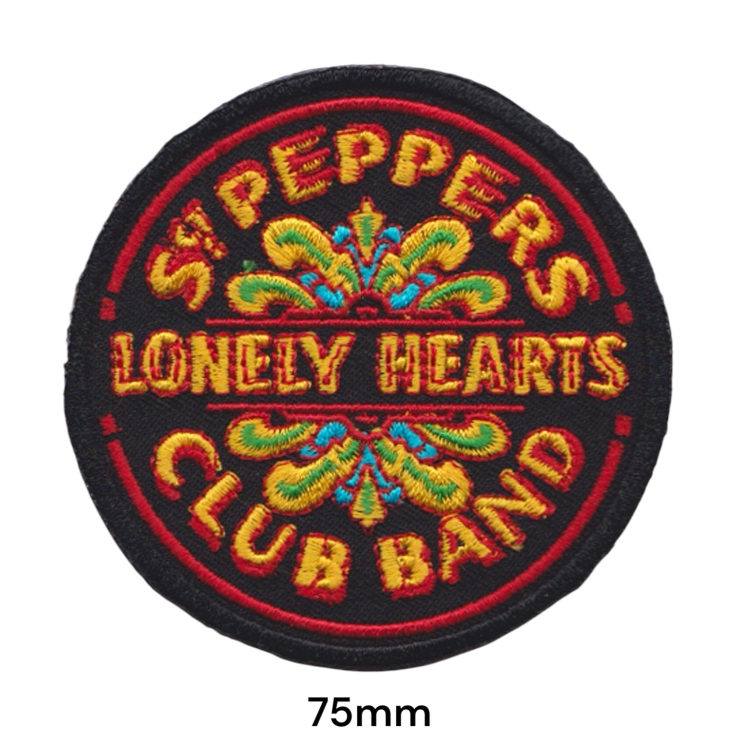 The Beatles Sgt. Pepper's Lonely Hearts Club Band Drum Logo Round Embroidered Patch 75mm – Yellow, Red, Green, Blue & Black