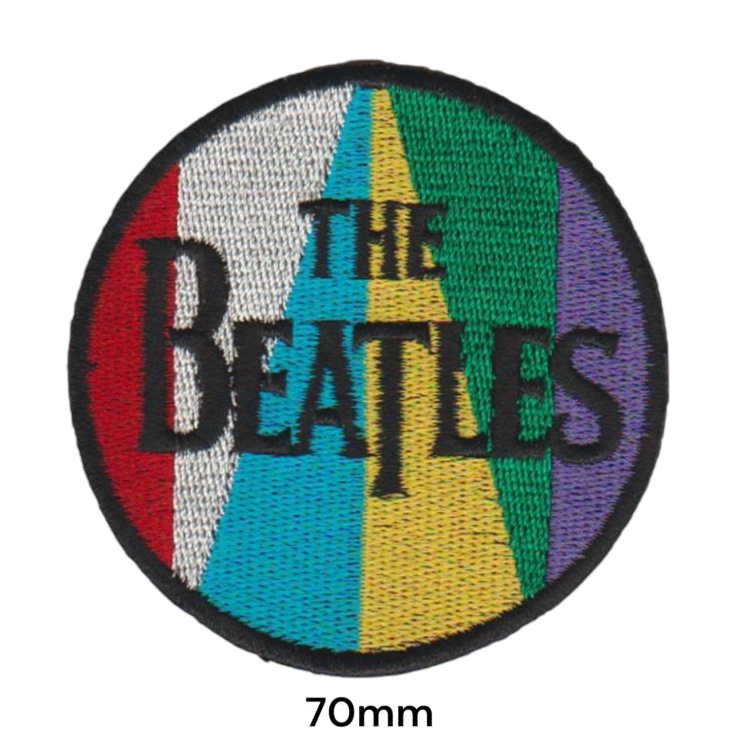 The Beatles Multicolour Stripe Two-Line Wordmark Round Embroidered Patch 70mm – Red, White, Blue, Yellow, Green, Purple & Black