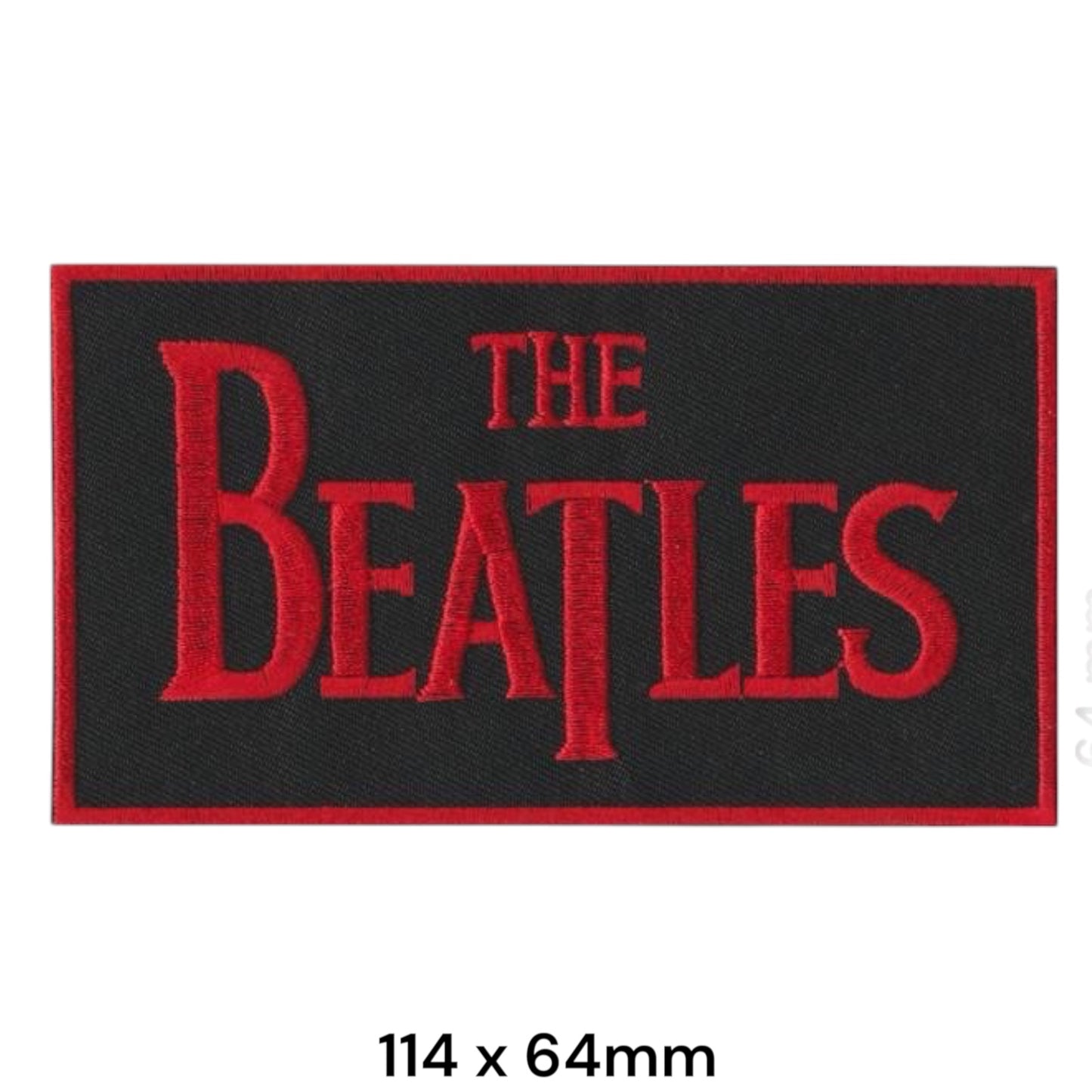 The Beatles Two-Line Drop-Shadow Wordmark Red on Black Rectangular Embroidered Patch 114x64mm – Red & Black