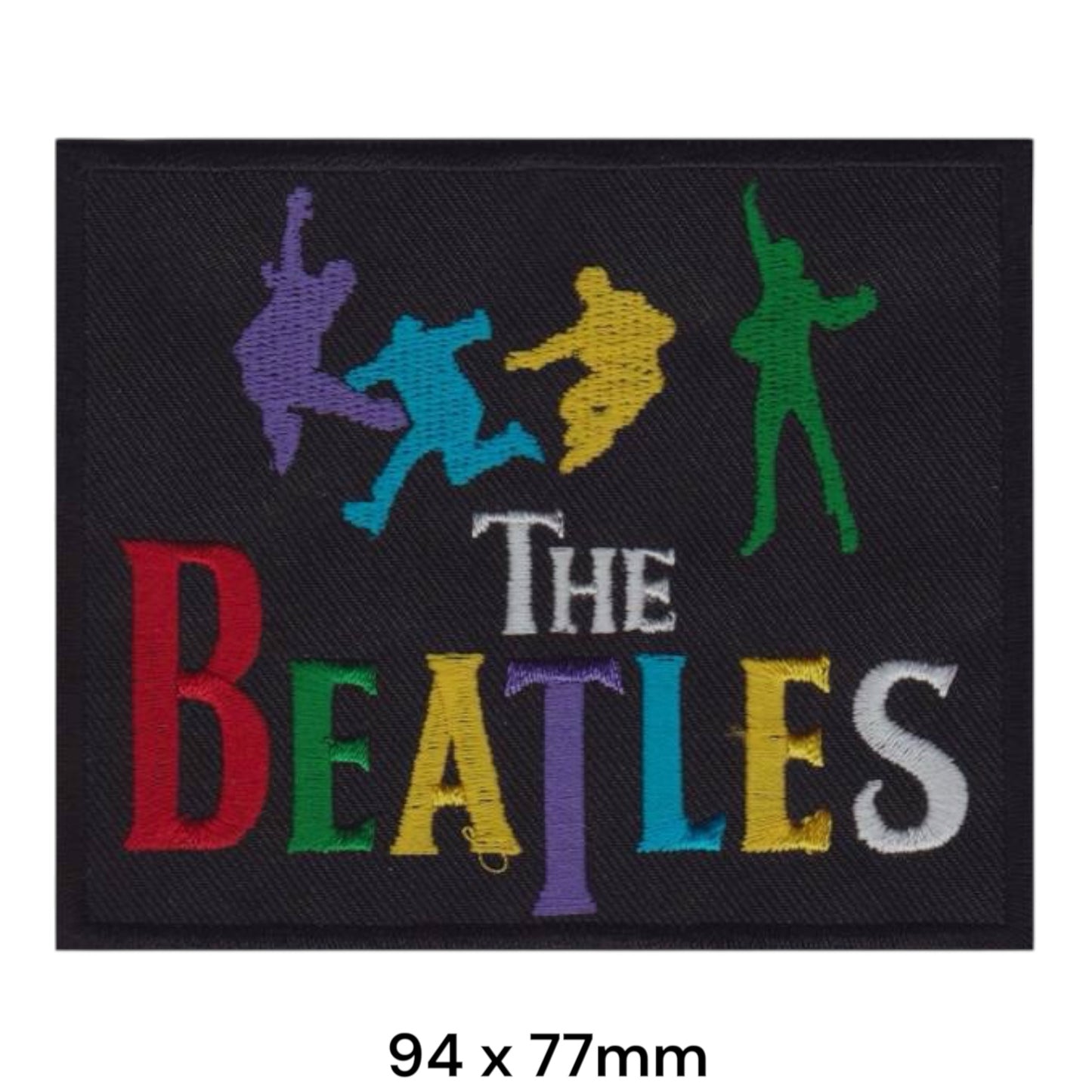 The Beatles Multicolour Jumping Silhouettes Two-Line Wordmark Rectangular Embroidered Patch 94x77mm – Red, Green, Yellow, Blue, Purple, White & Black