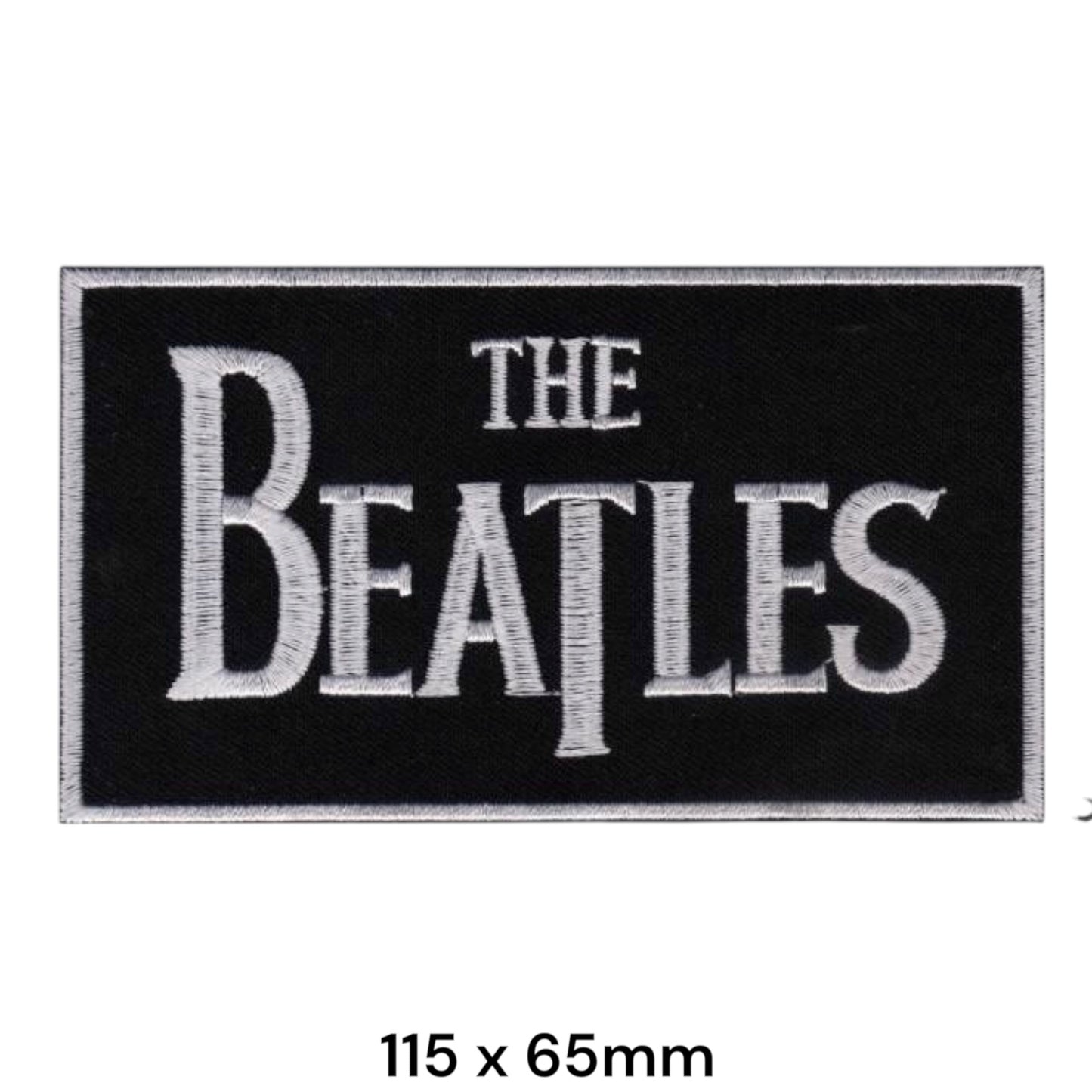 The Beatles Two-Line Drop-Shadow Wordmark White on Black Rectangular Embroidered Patch 115x65mm – White/Silver & Black