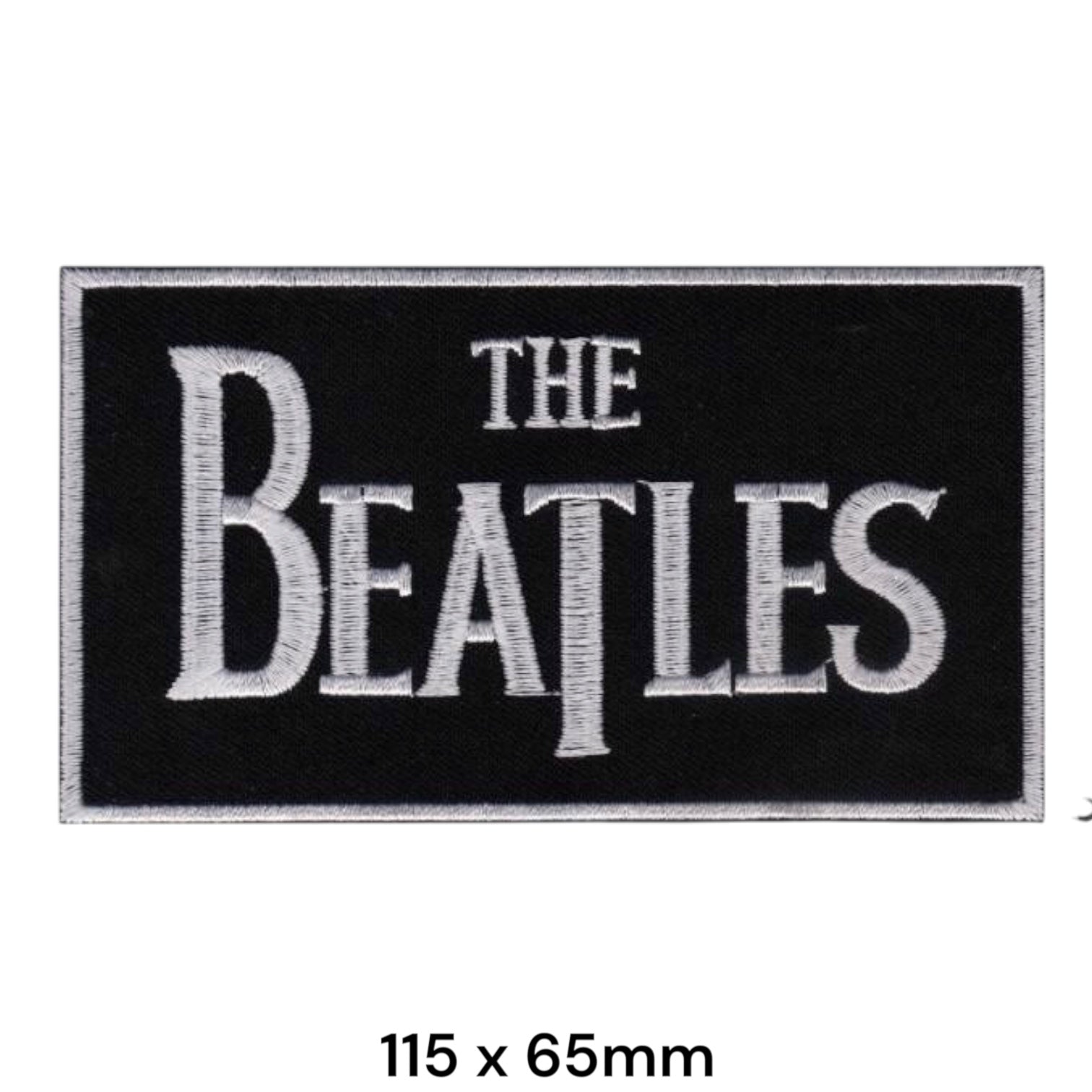 The Beatles Two-Line Drop-Shadow Wordmark White on Black Rectangular Embroidered Patch 115x65mm – White/Silver & Black