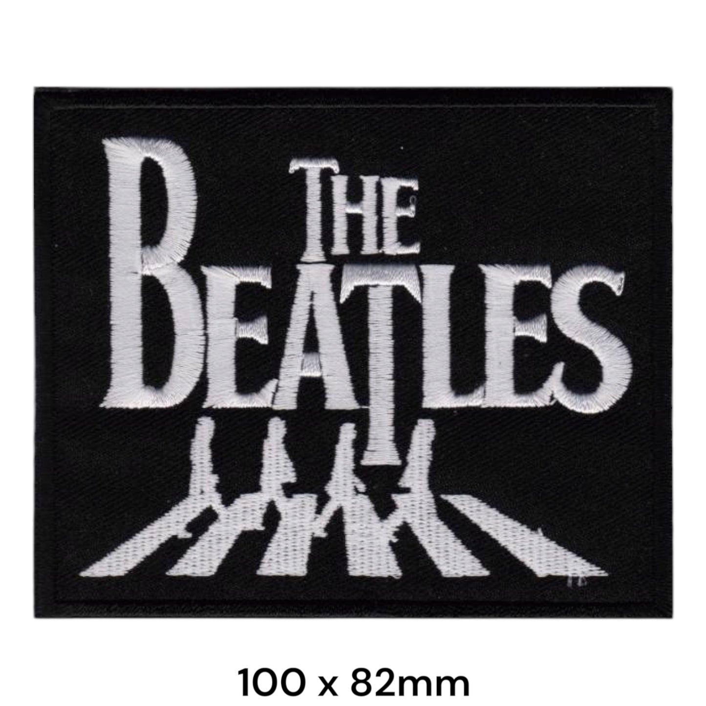 The Beatles Drop-Shadow Wordmark Abbey Road Silhouettes Rectangular Embroidered Patch 100x82mm – White/Silver & Black