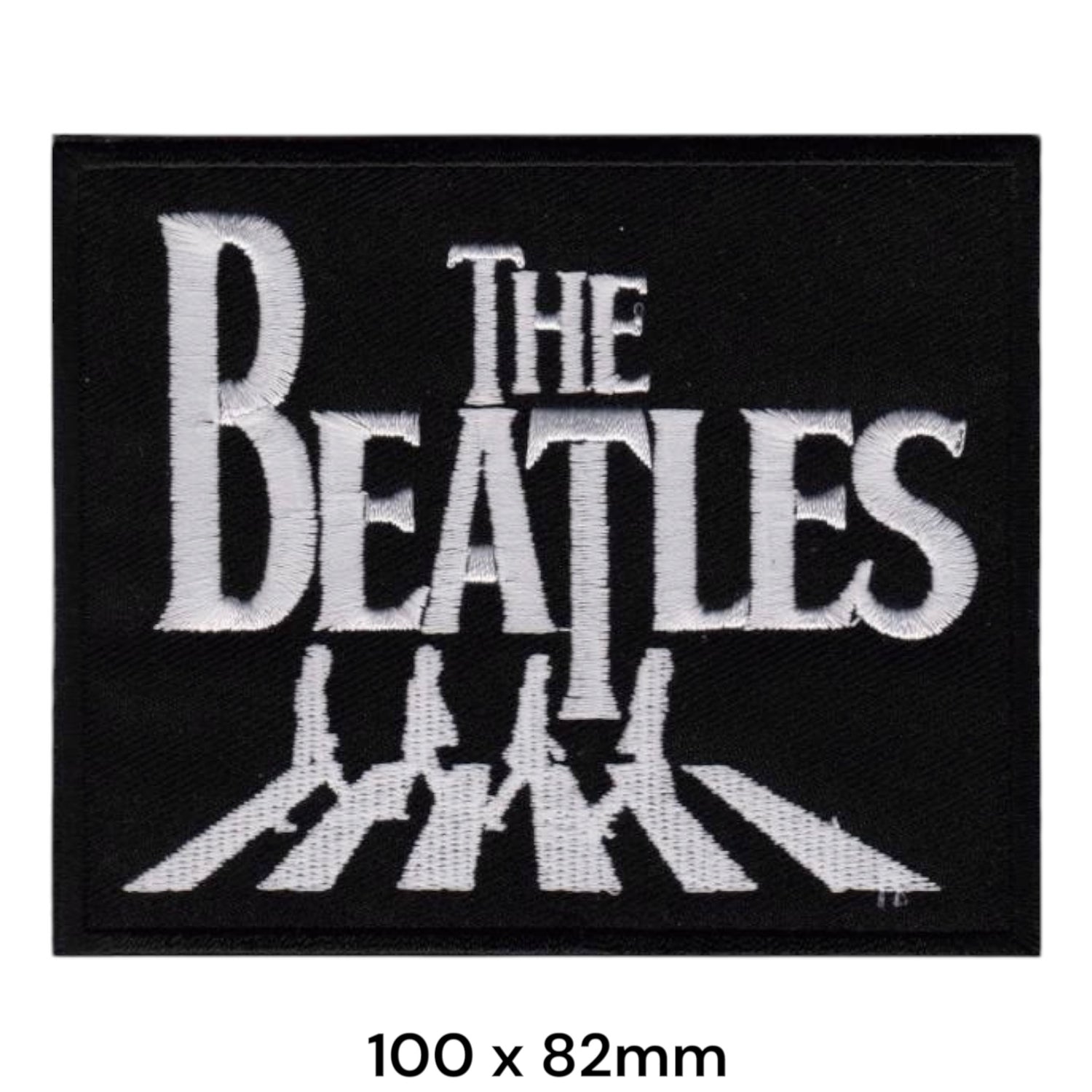 The Beatles Drop-Shadow Wordmark Abbey Road Silhouettes Rectangular Embroidered Patch 100x82mm – White/Silver & Black