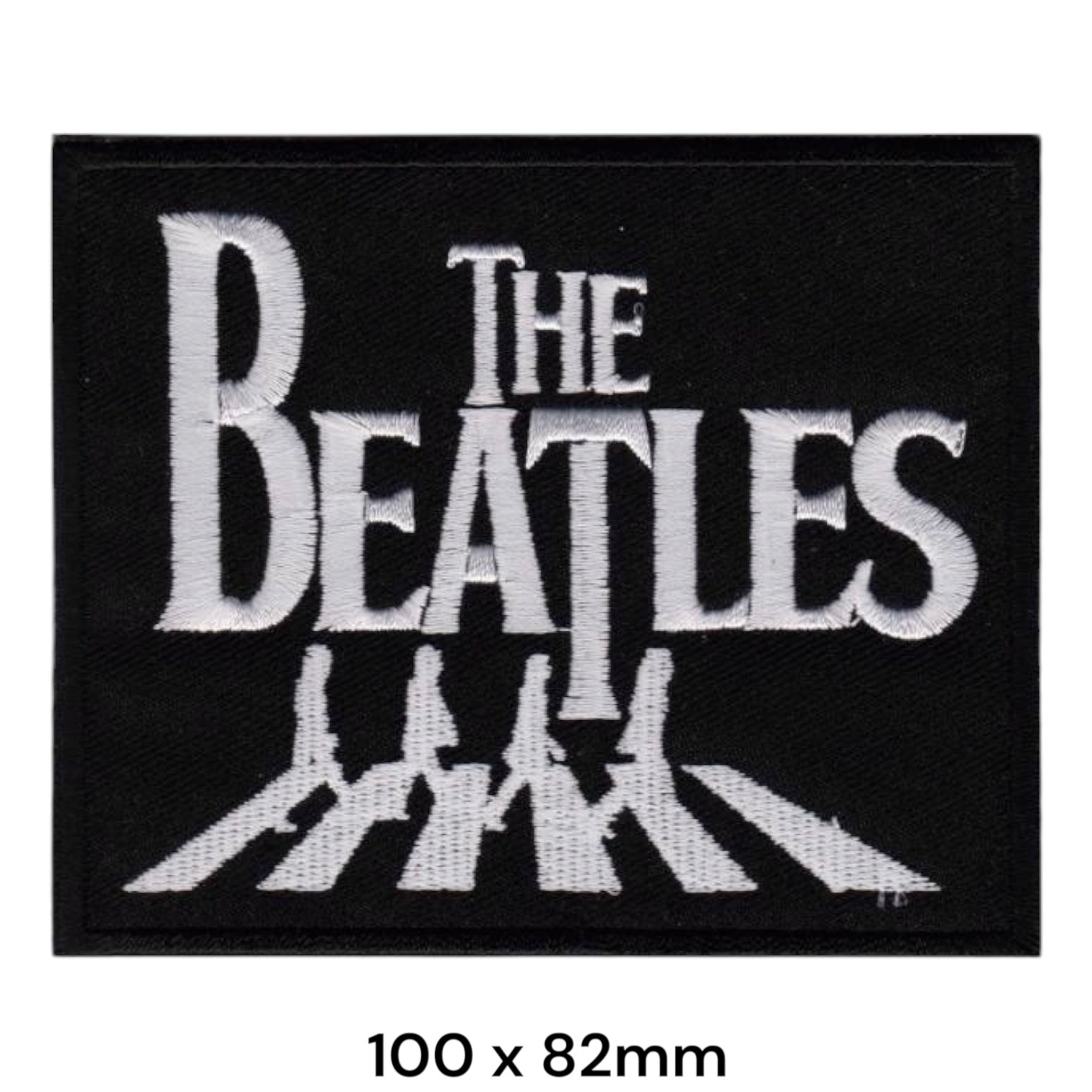 The Beatles Drop-Shadow Wordmark Abbey Road Silhouettes Rectangular Embroidered Patch 100x82mm – White/Silver & Black