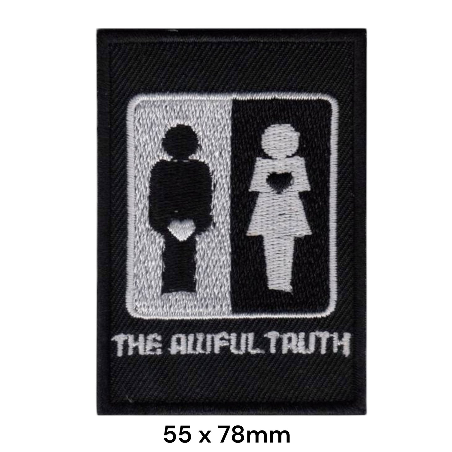 The Awful Truth Man Woman Heart Rectangular Embroidered Patch 55x78mm – White/Silver & Black