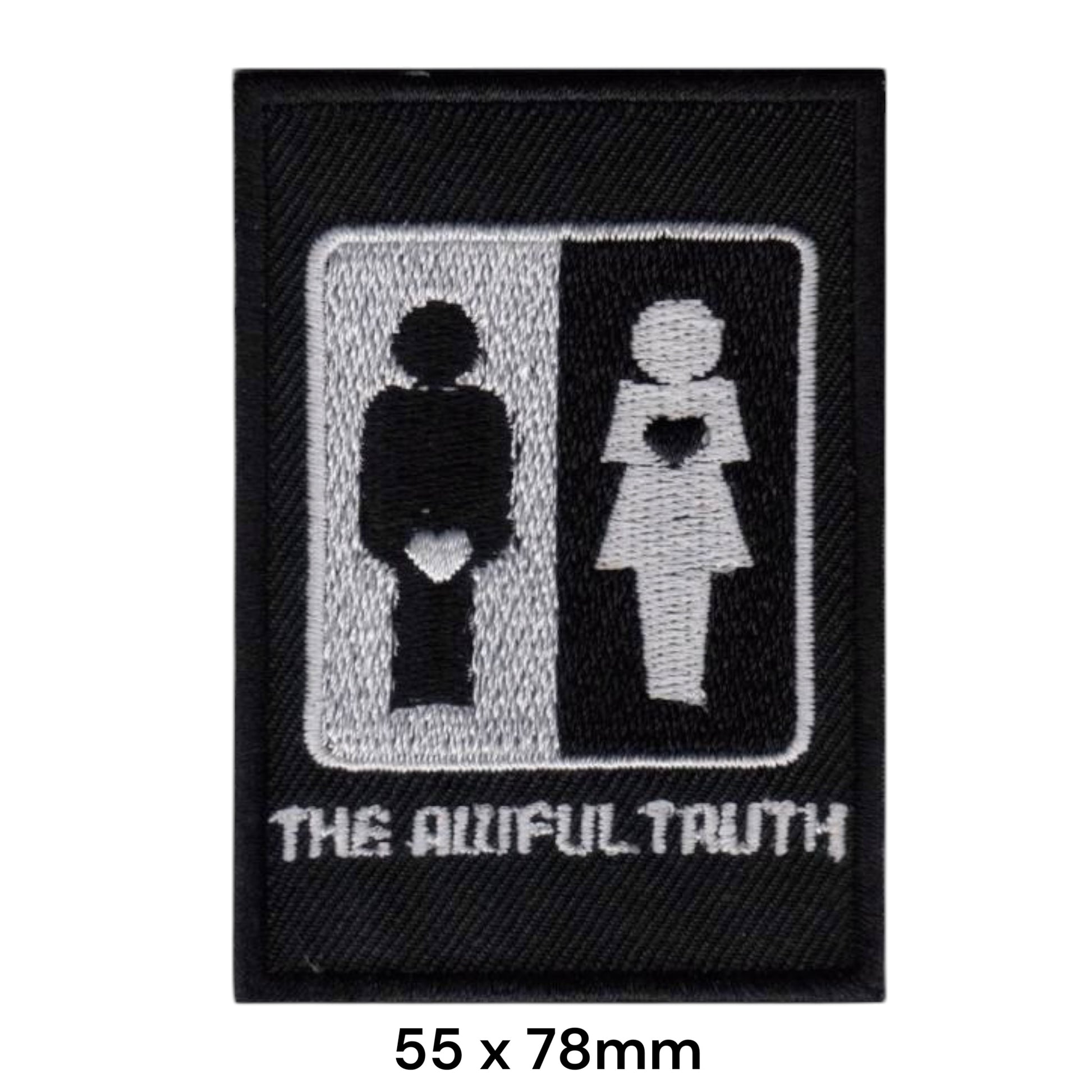 The Awful Truth Man Woman Heart Rectangular Embroidered Patch 55x78mm – White/Silver & Black