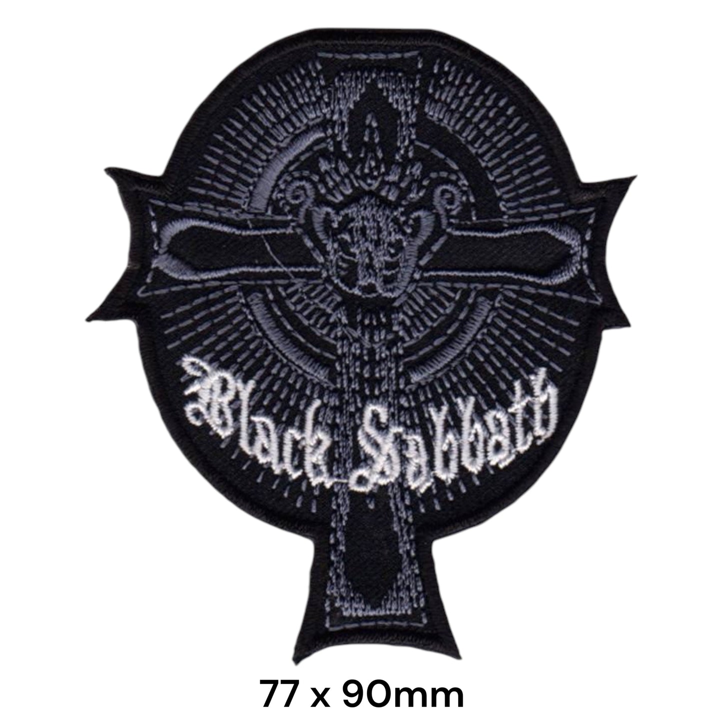 Black Sabbath Celtic Cross Die-Cut Embroidered Patch 77x90mm – Grey, White & Black