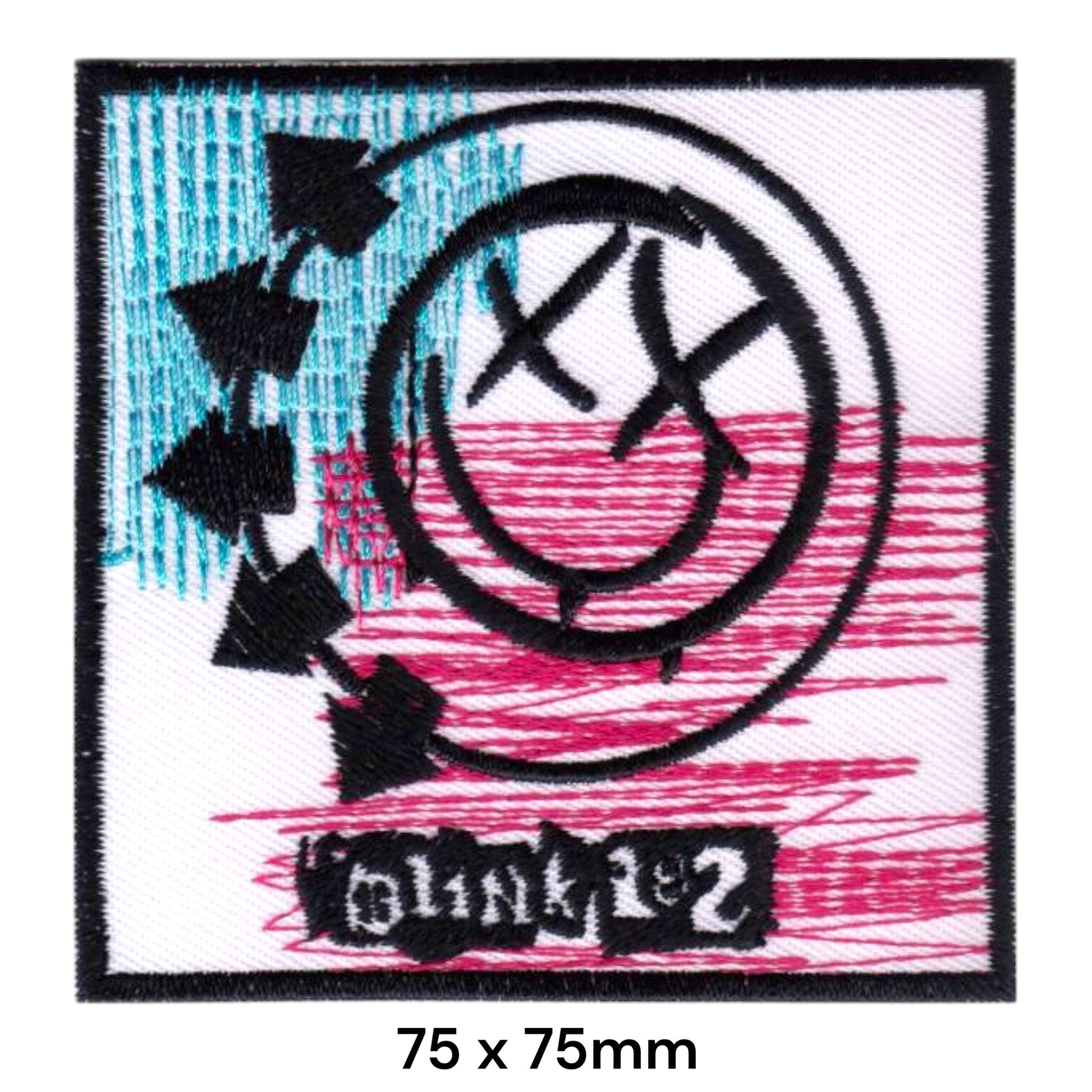 Blink-182 Smiley Face Self-Titled Album Square Embroidered Patch 75x75mm – Black, Turquoise & Pink/White