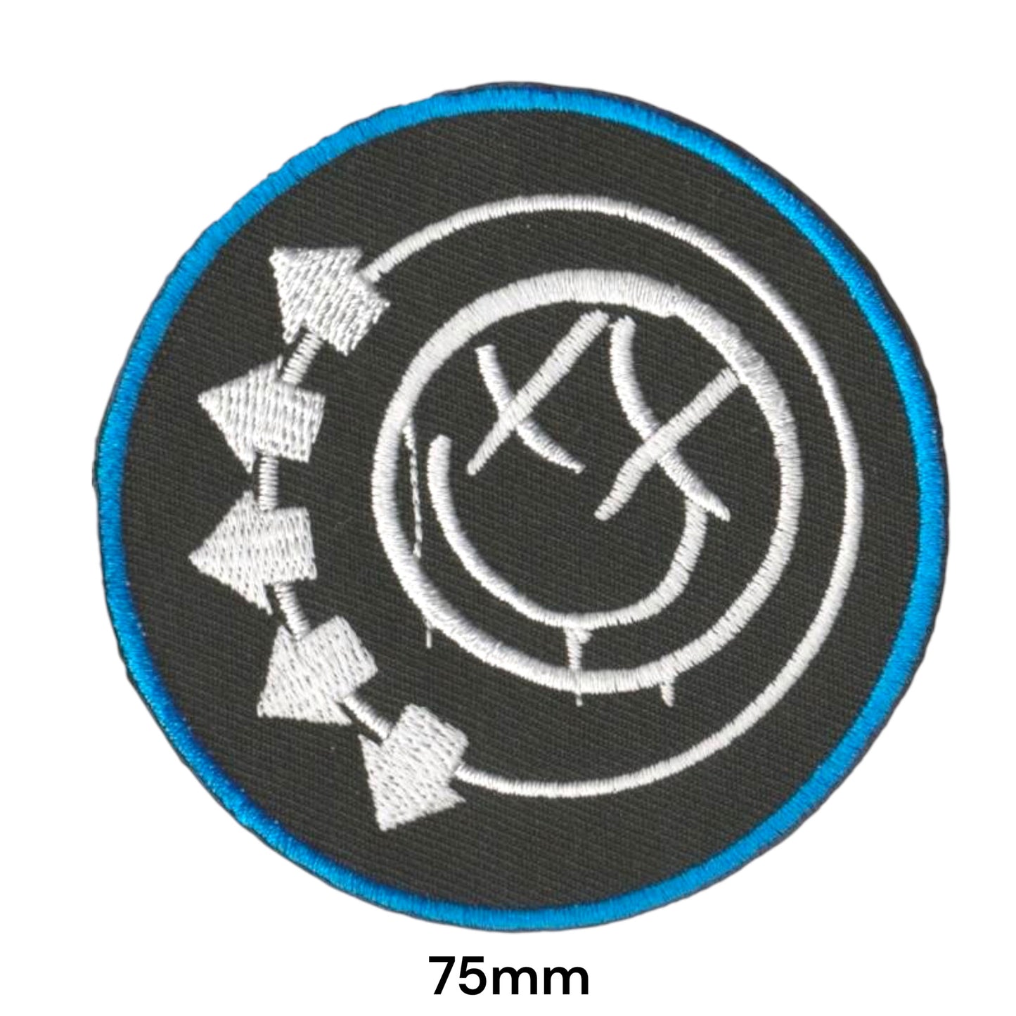 Blink-182 Smiley Face Arrow Logo Blue Border Round Embroidered Patch 75mm – White/Silver, Blue & Black