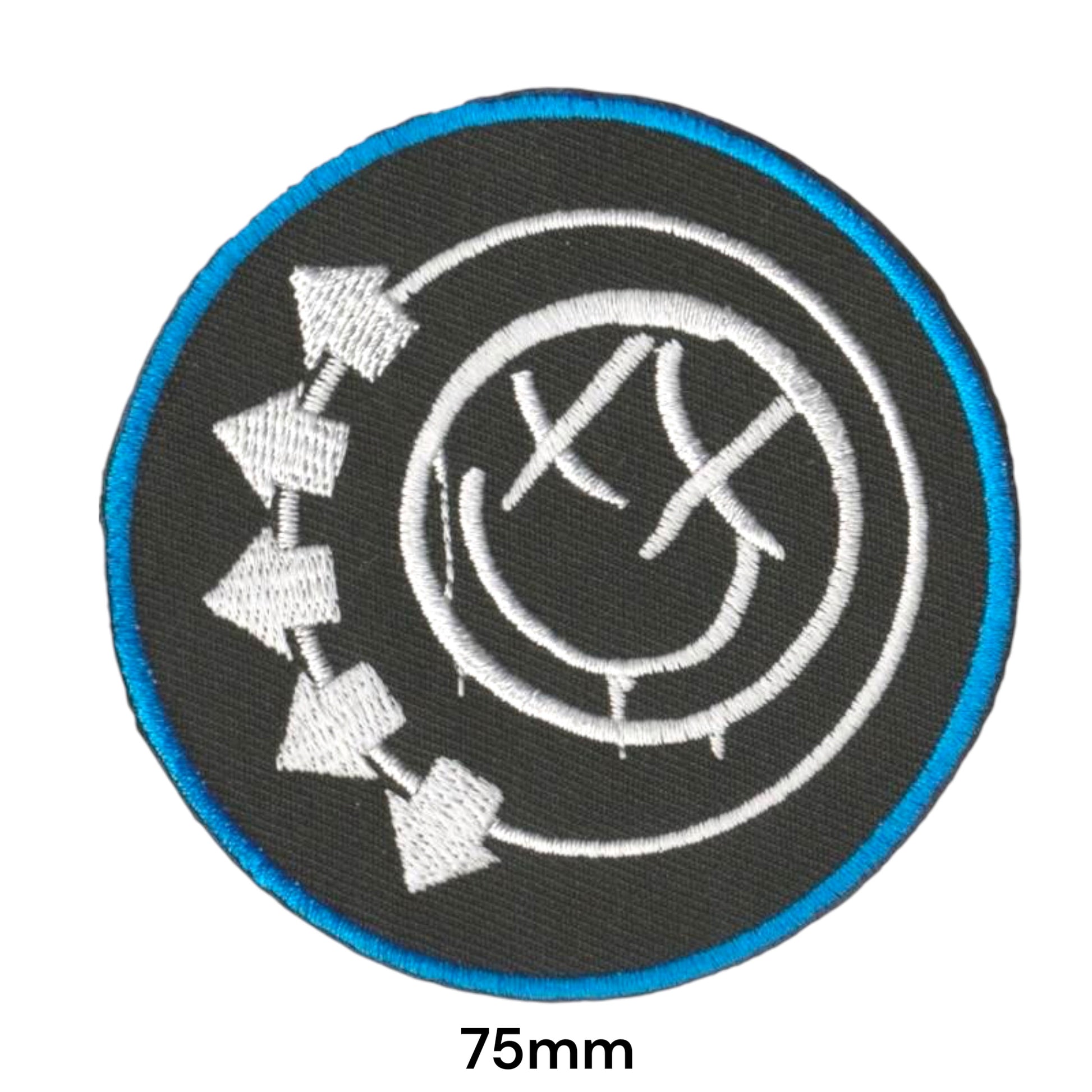 Blink-182 Smiley Face Arrow Logo Blue Border Round Embroidered Patch 75mm – White/Silver, Blue & Black