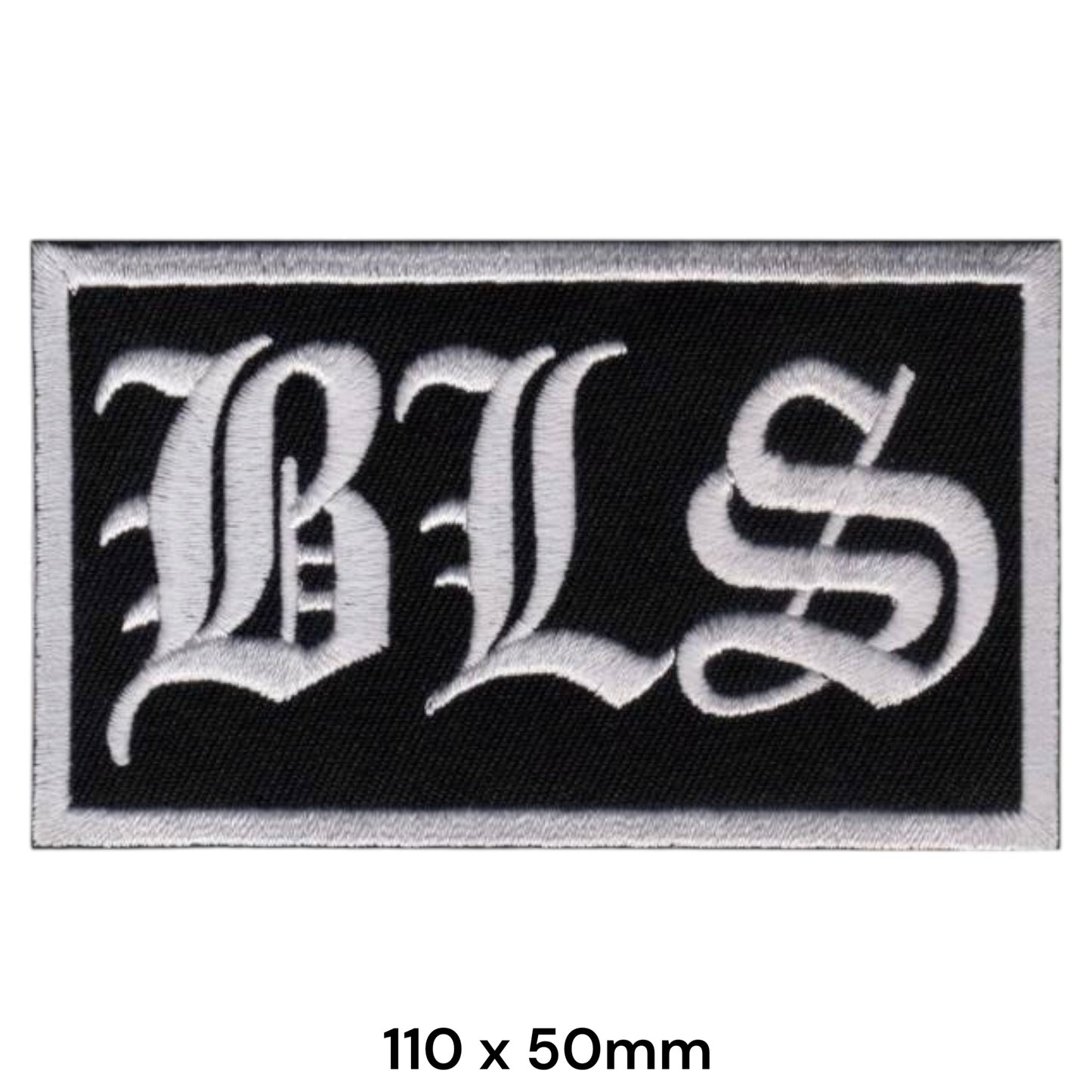 Black Label Society BLS Gothic Monogram White/Silver Rectangular Embroidered Patch 110x50mm – White/Silver & Black
