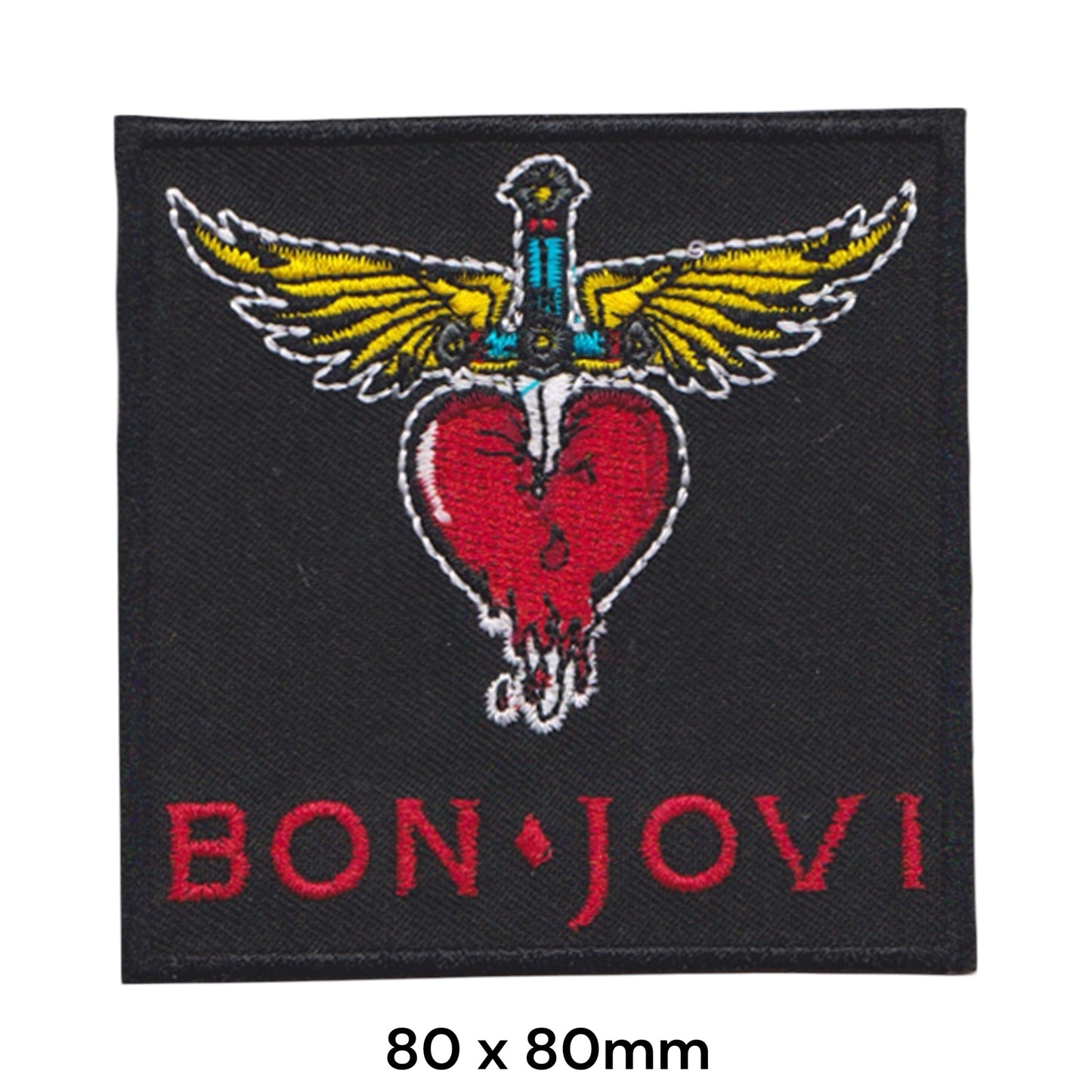 Bon Jovi Winged Dagger Heart Logo Square Embroidered Patch 80x80mm – Red, Yellow, Blue & Black