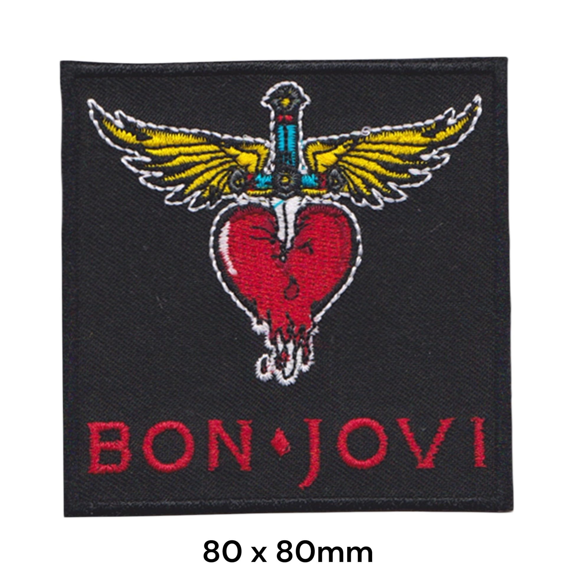 Bon Jovi Winged Dagger Heart Logo Square Embroidered Patch 80x80mm – Red, Yellow, Blue & Black
