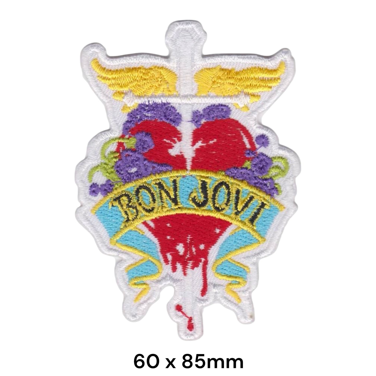 Bon Jovi Winged Dagger Floral Bleeding Heart Die-Cut Embroidered Patch 60x85mm – Multicolour & White