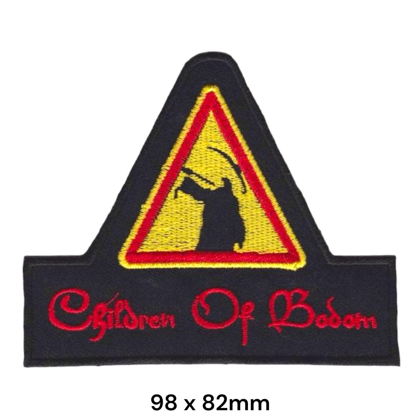 Children of Bodom Warning Sign Grim Reaper Die-Cut Embroidered Patch 98x82mm – Red, Yellow, Navy & Black