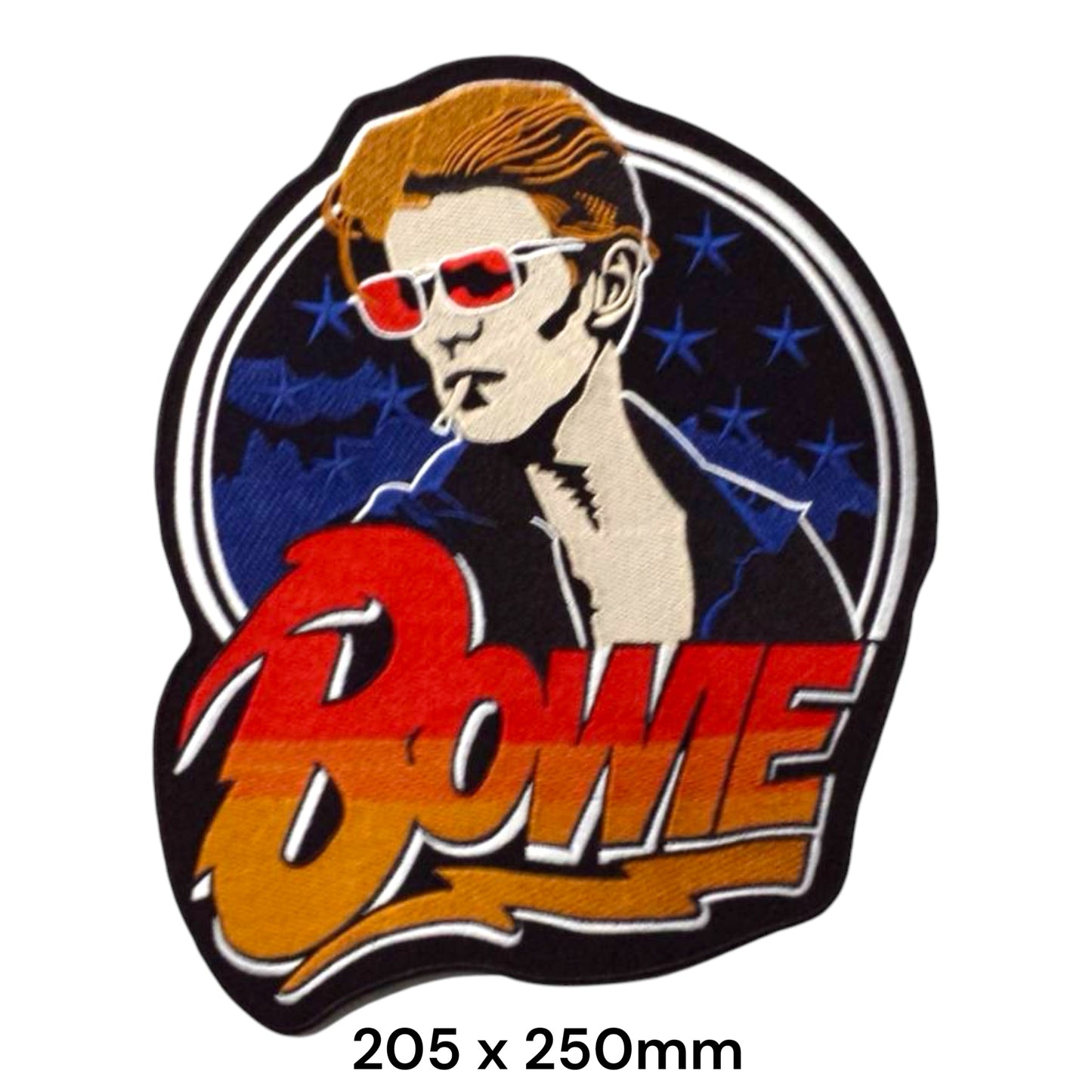 David Bowie Portrait Sunglasses Stars BOWIE Large Back Patch 205x250mm – Red, Orange, Gold, Blue & Black