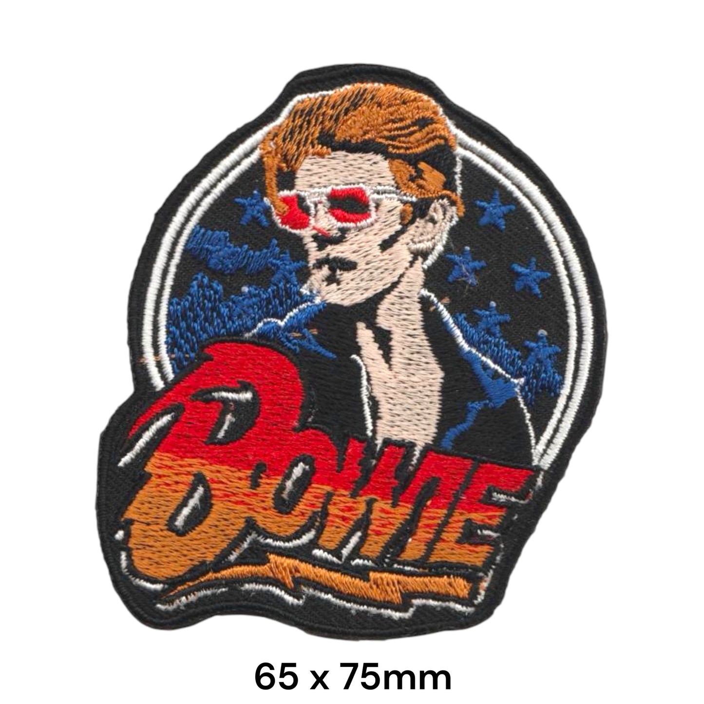 David Bowie Portrait Sunglasses Stars BOWIE Die-Cut Embroidered Patch 65x75mm – Red, Orange, Gold, Blue & Black