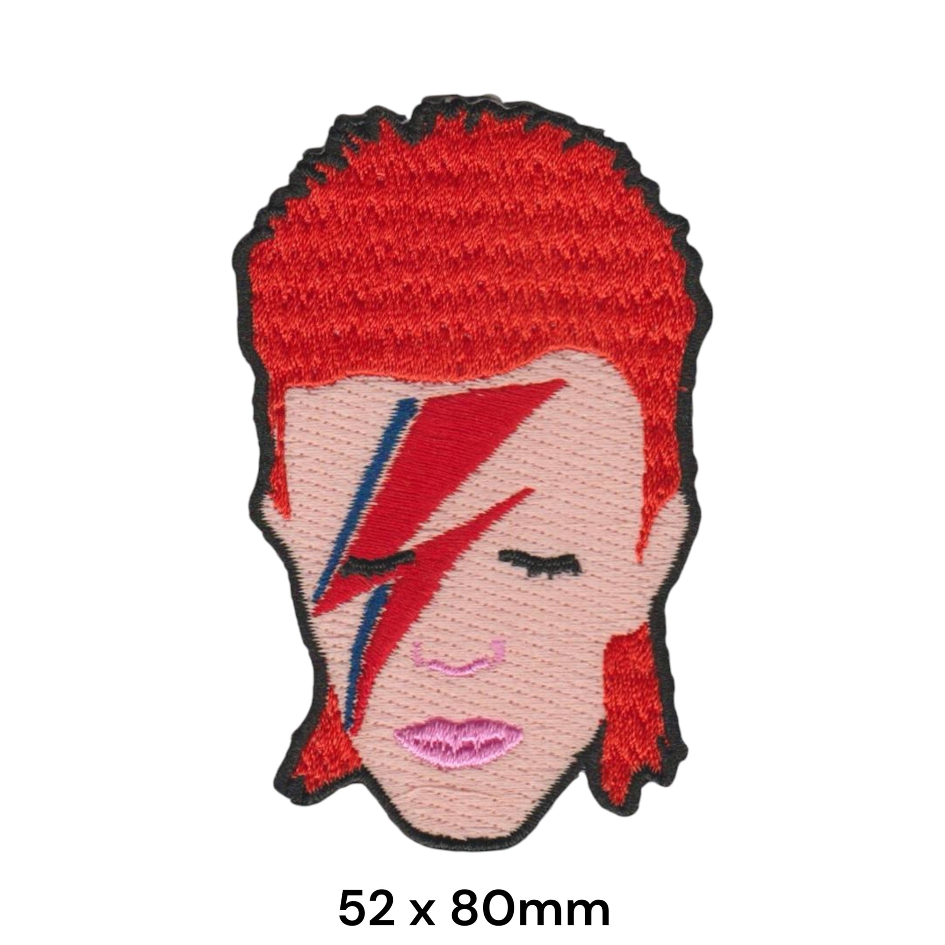 David Bowie Aladdin Sane Face Lightning Bolt Die-Cut Embroidered Patch 52x80mm – Red, Blue, Pink & Skin Tone