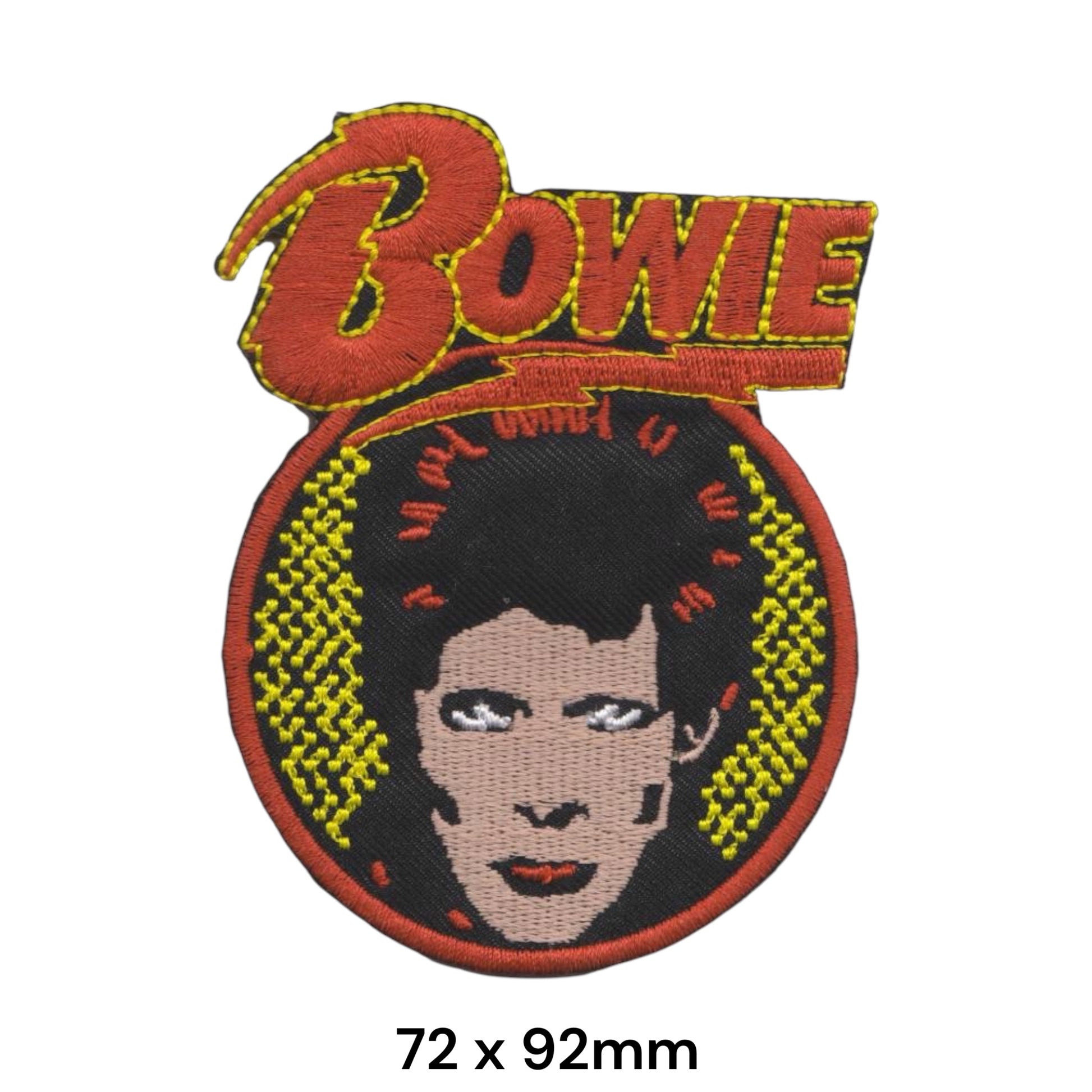 David Bowie BOWIE Script Portrait Circle Die-Cut Embroidered Patch 72x92mm – Red, Orange, Yellow & Black