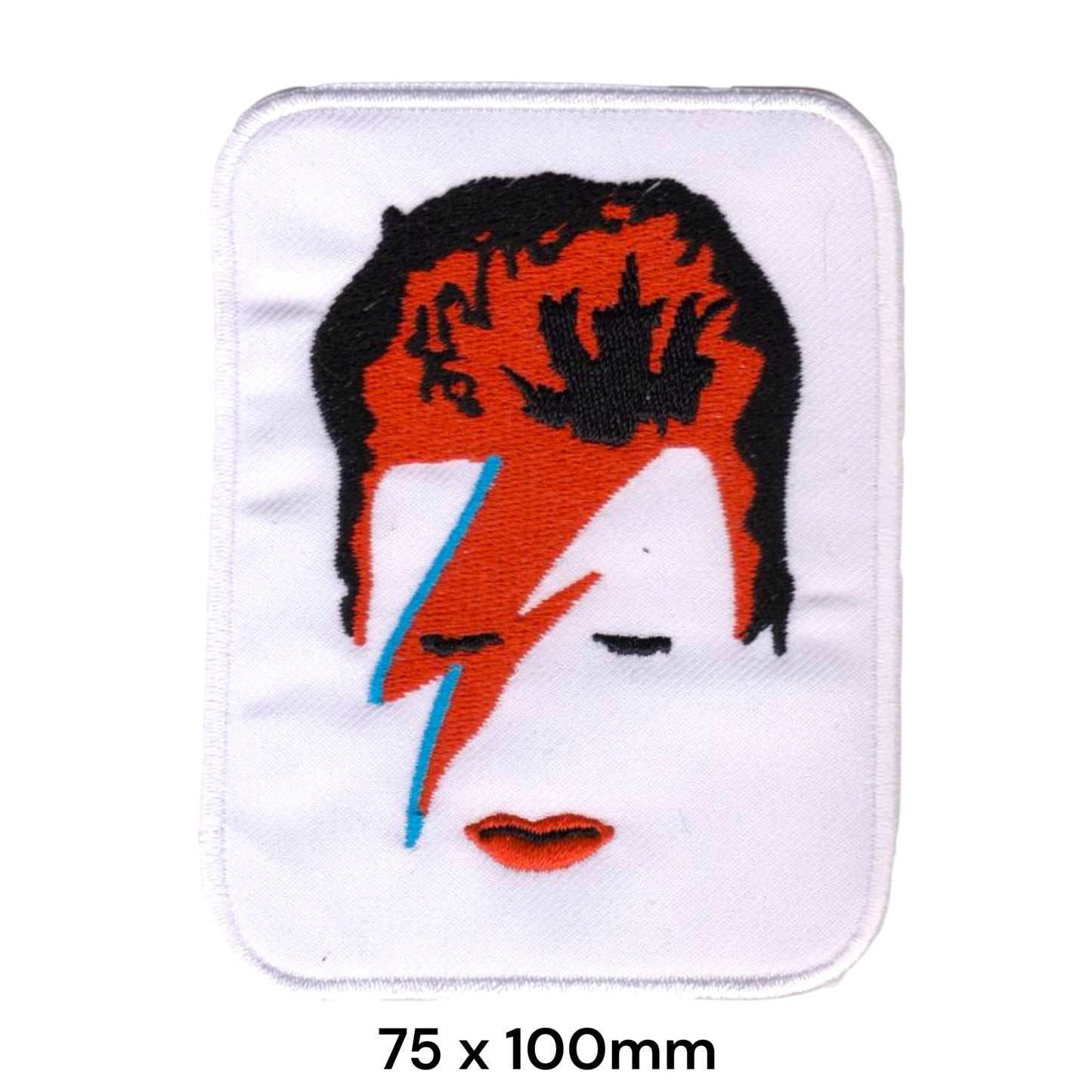 David Bowie Aladdin Sane Face Lightning Bolt White Rounded Rectangular Embroidered Patch 75x100mm – Red/Orange, Blue, Black & White