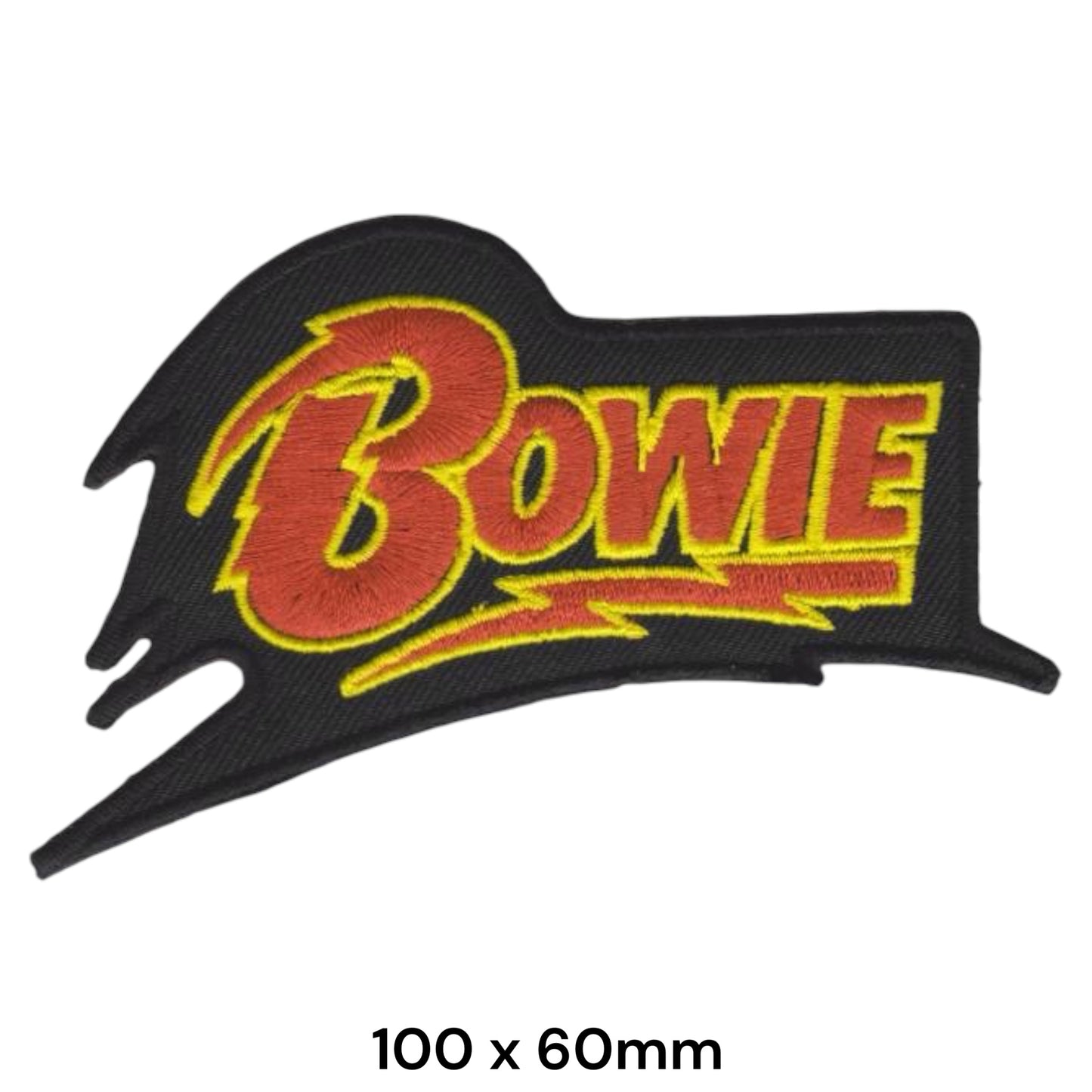 David Bowie BOWIE Script Lightning Bolt Flame Die-Cut Embroidered Patch 100x60mm – Red/Orange, Yellow & Black