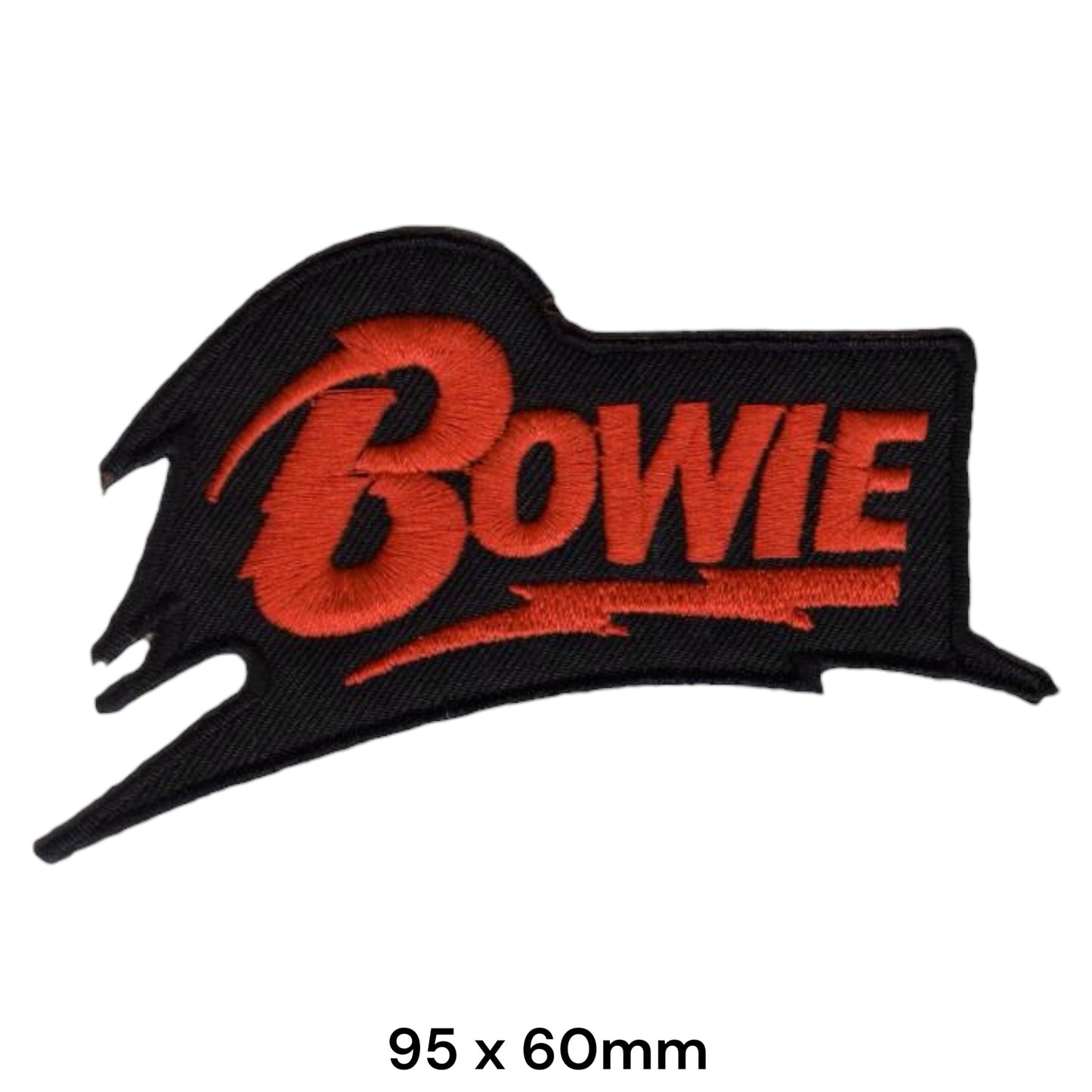 David Bowie BOWIE Script Lightning Bolt Flame Die-Cut Embroidered Patch 95x60mm – Red & Black