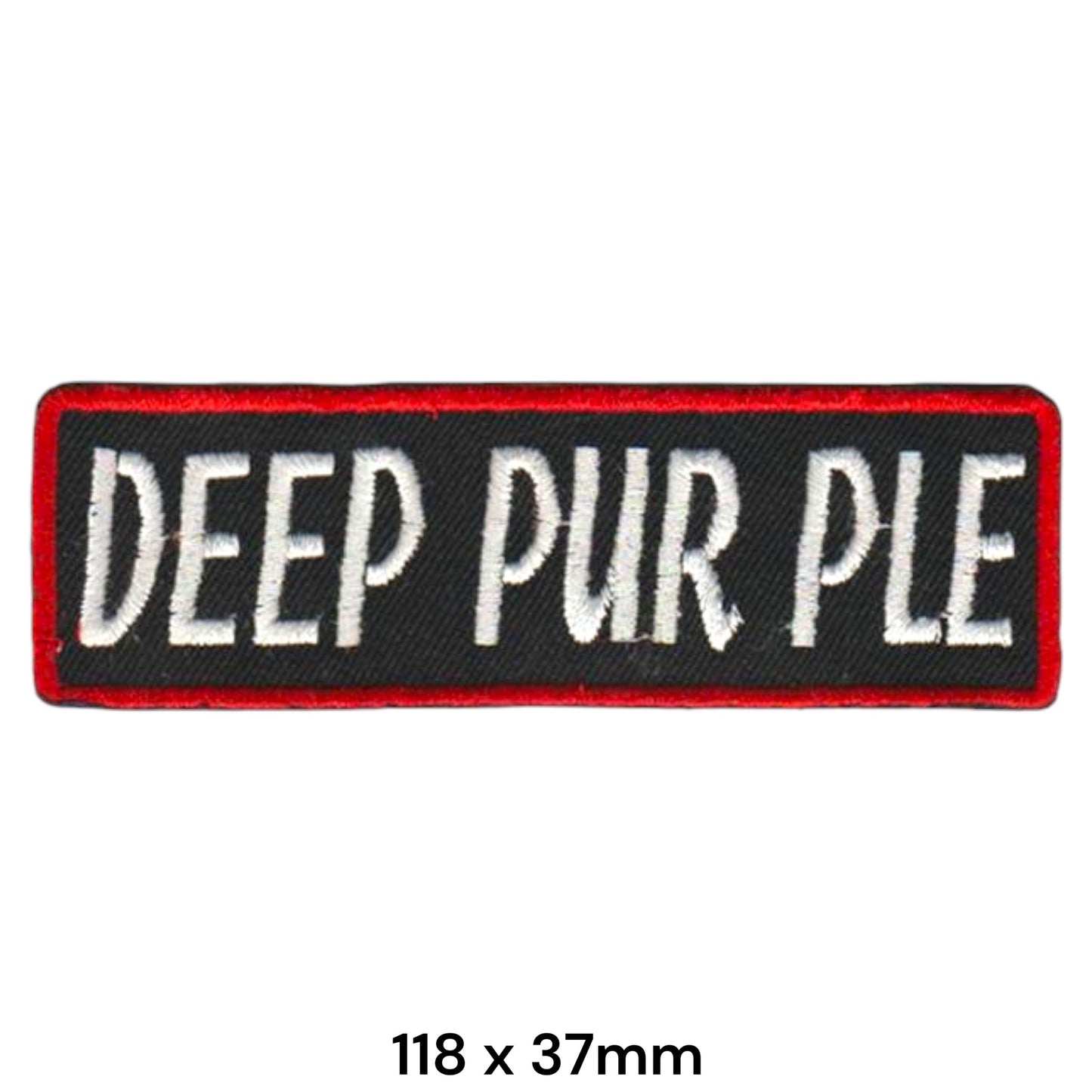 Deep Purple Band Name Text Rectangular Embroidered Patch 118x37mm – White & Black with Red Border