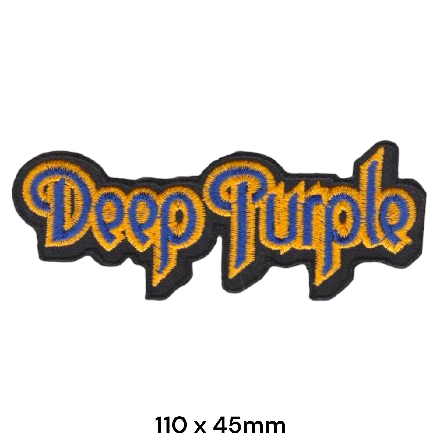 Deep Purple Gothic Script Band Name Die-Cut Embroidered Patch 110x45mm – Gold/Orange, Blue & Black