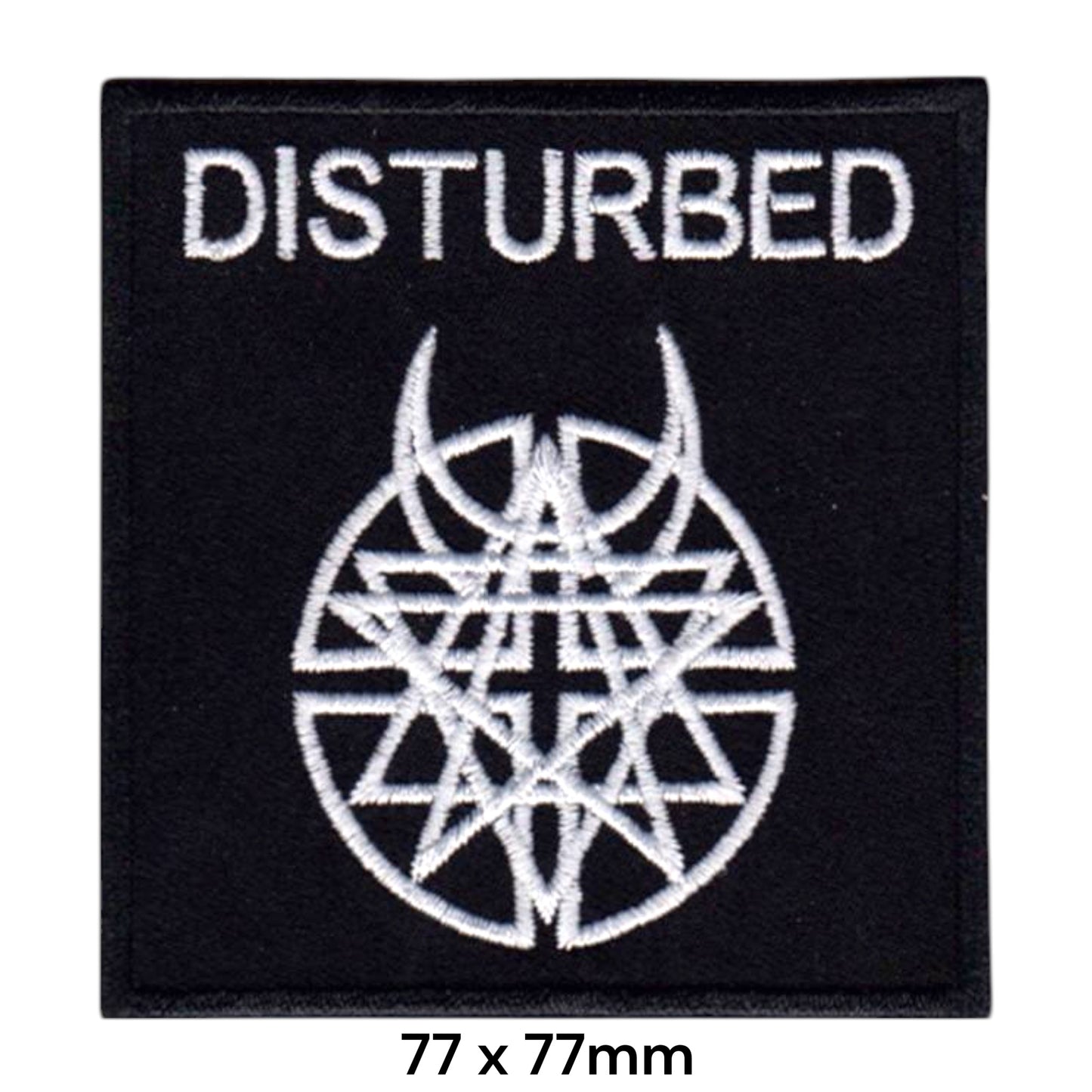 Disturbed Wheel Worship Symbol Square Embroidered Patch 77x77mm – White & Black