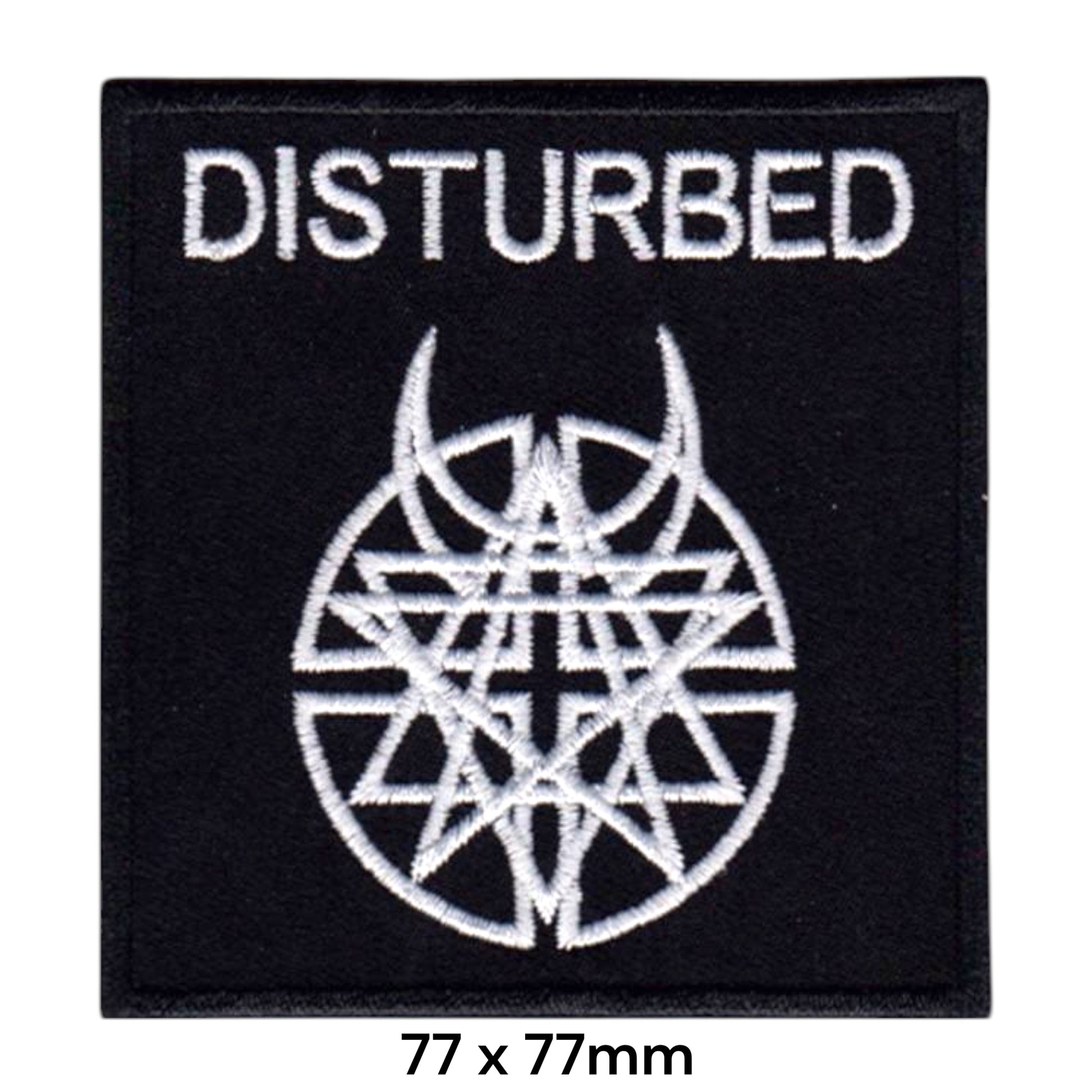 Disturbed Wheel Worship Symbol Square Embroidered Patch 77x77mm – White & Black