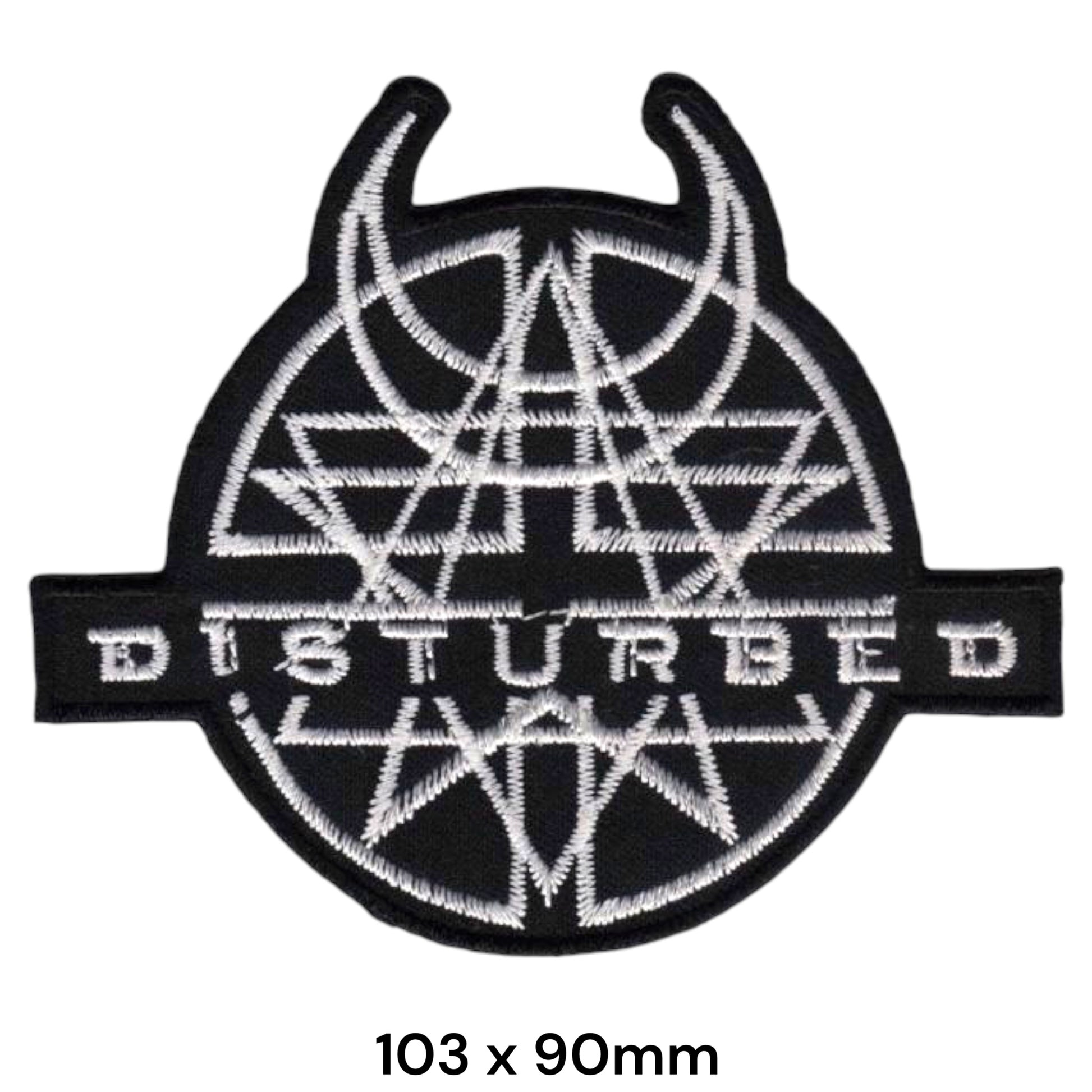 Disturbed Worship Wheel Horns Die-Cut Embroidered Patch 103x90mm – White & Black
