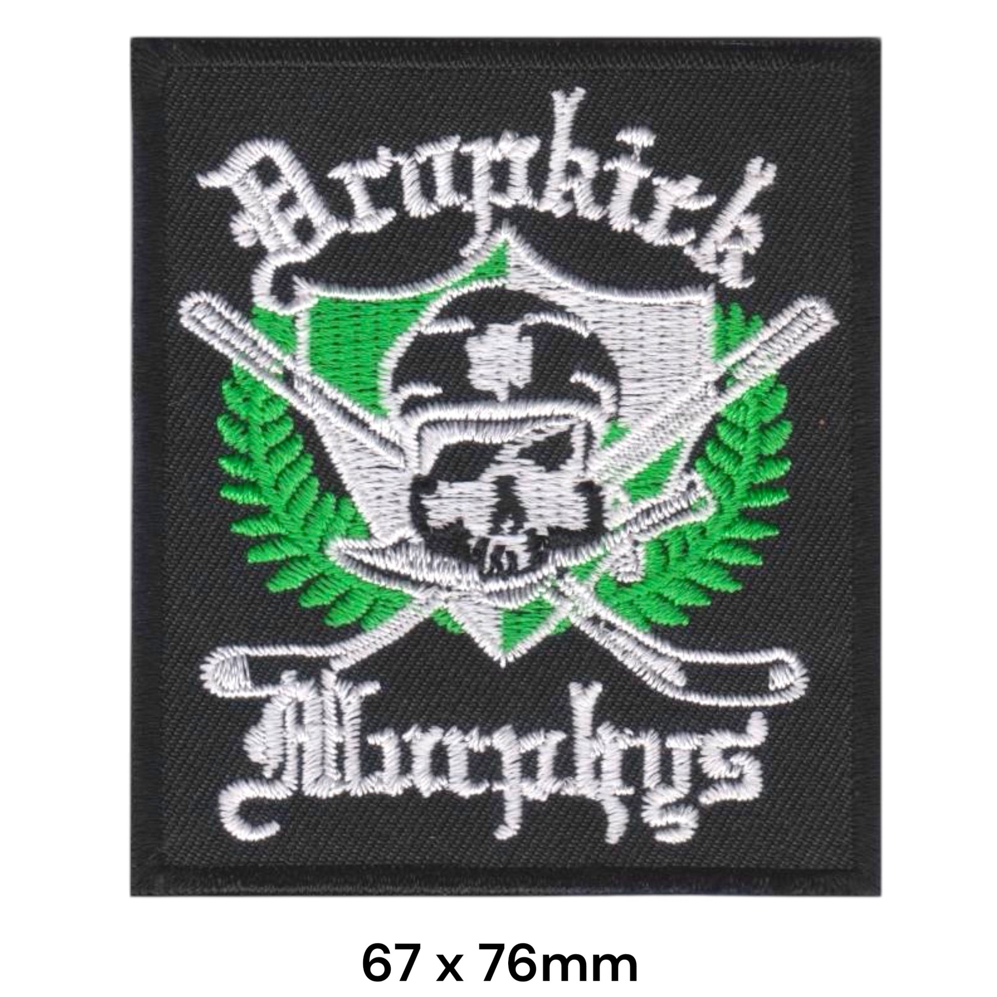 Dropkick Murphys Skull Shield Crossed Sticks Laurel Wreath Rectangular Embroidered Patch 67x76mm – Green, White & Black