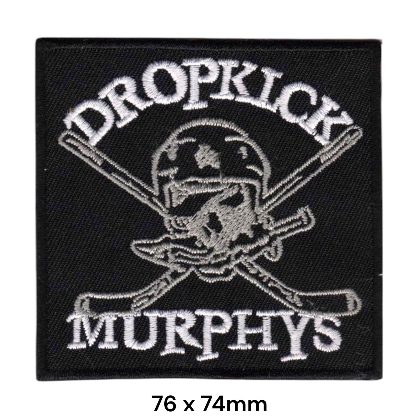 Dropkick Murphys Skull Hockey Sticks White Grey Square Embroidered Patch 76x74mm – White, Grey & Black