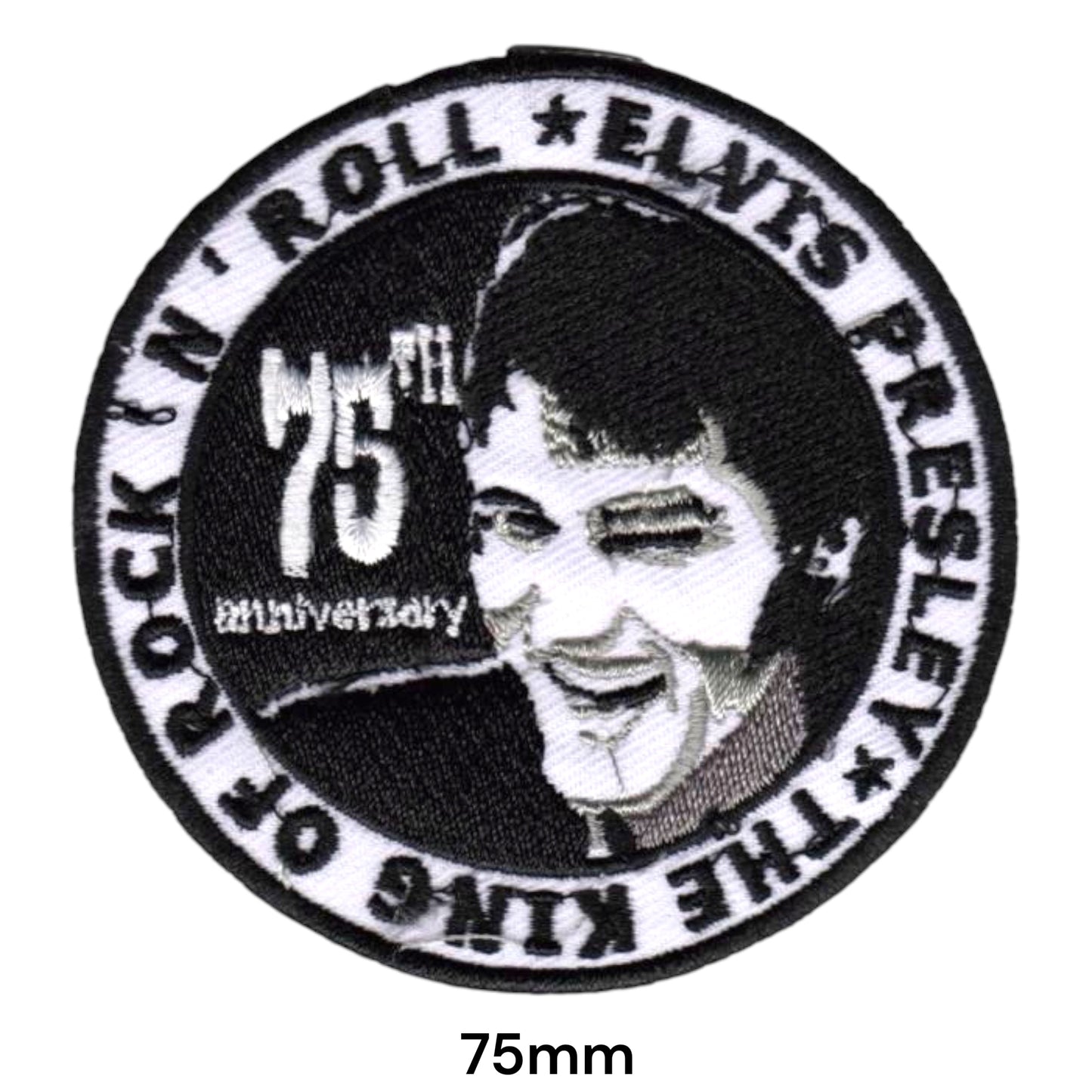 Elvis Presley 75th Anniversary The King Of Rock N Roll Round Embroidered Patch 75mm – White, Grey & Black