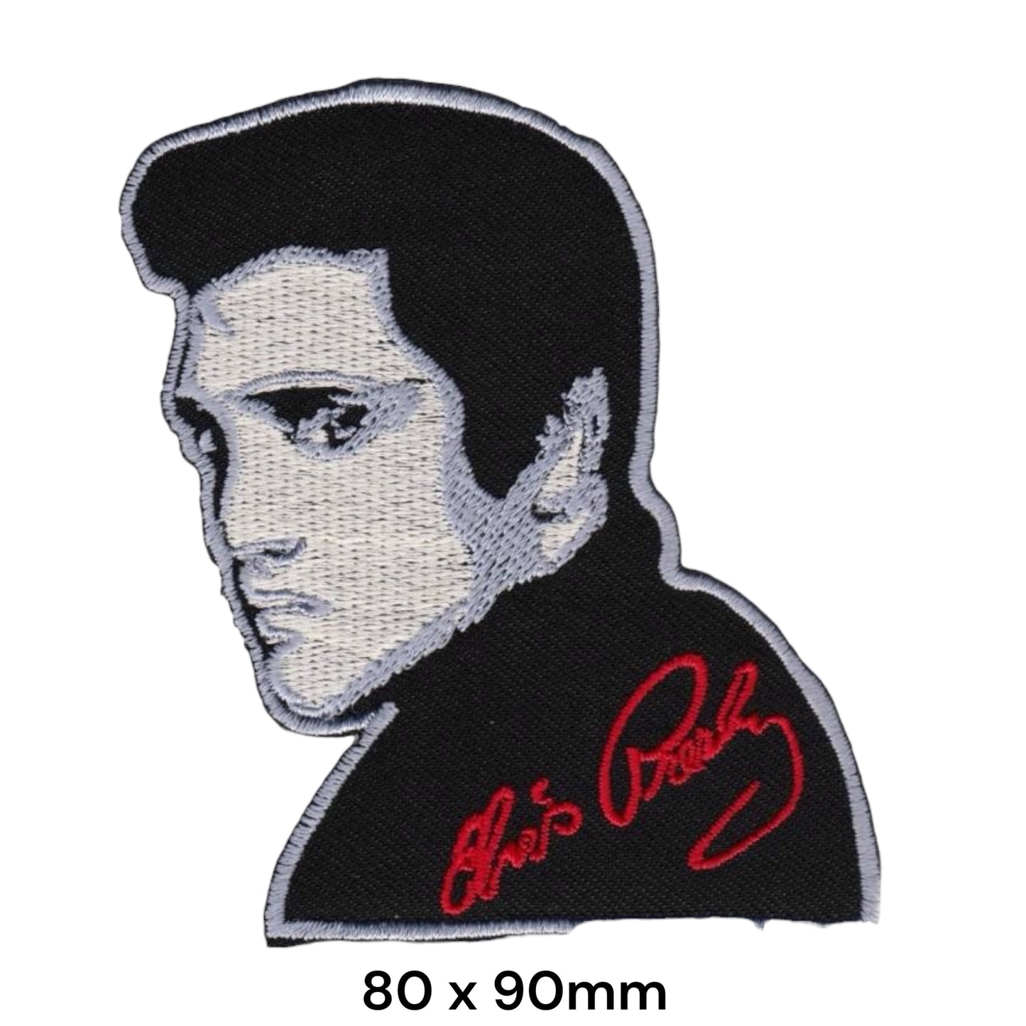 Elvis Presley Portrait Autograph Signature Die-Cut Embroidered Patch 80x90mm – White, Grey, Red & Black