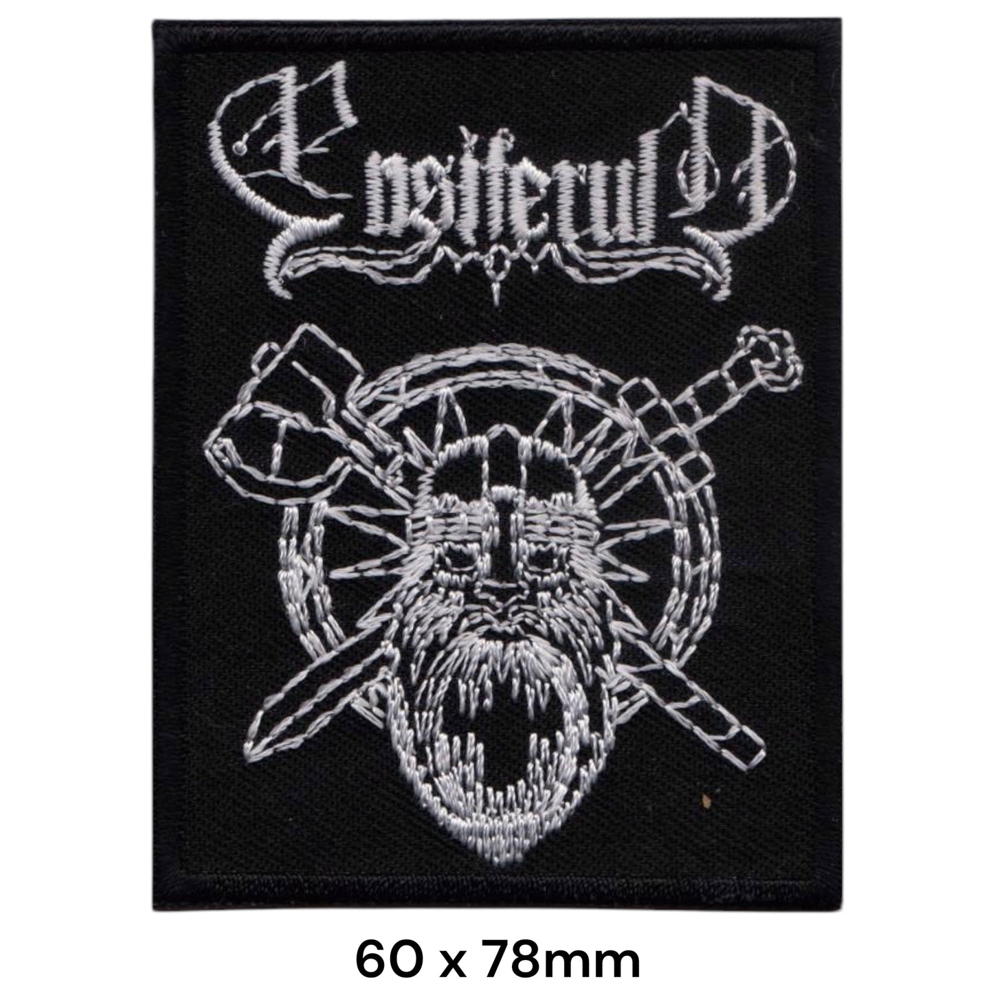 Ensiferum Viking Warrior Shield Crossed Swords Square Embroidered Patch 60x78mm – Grey/Silver & Black