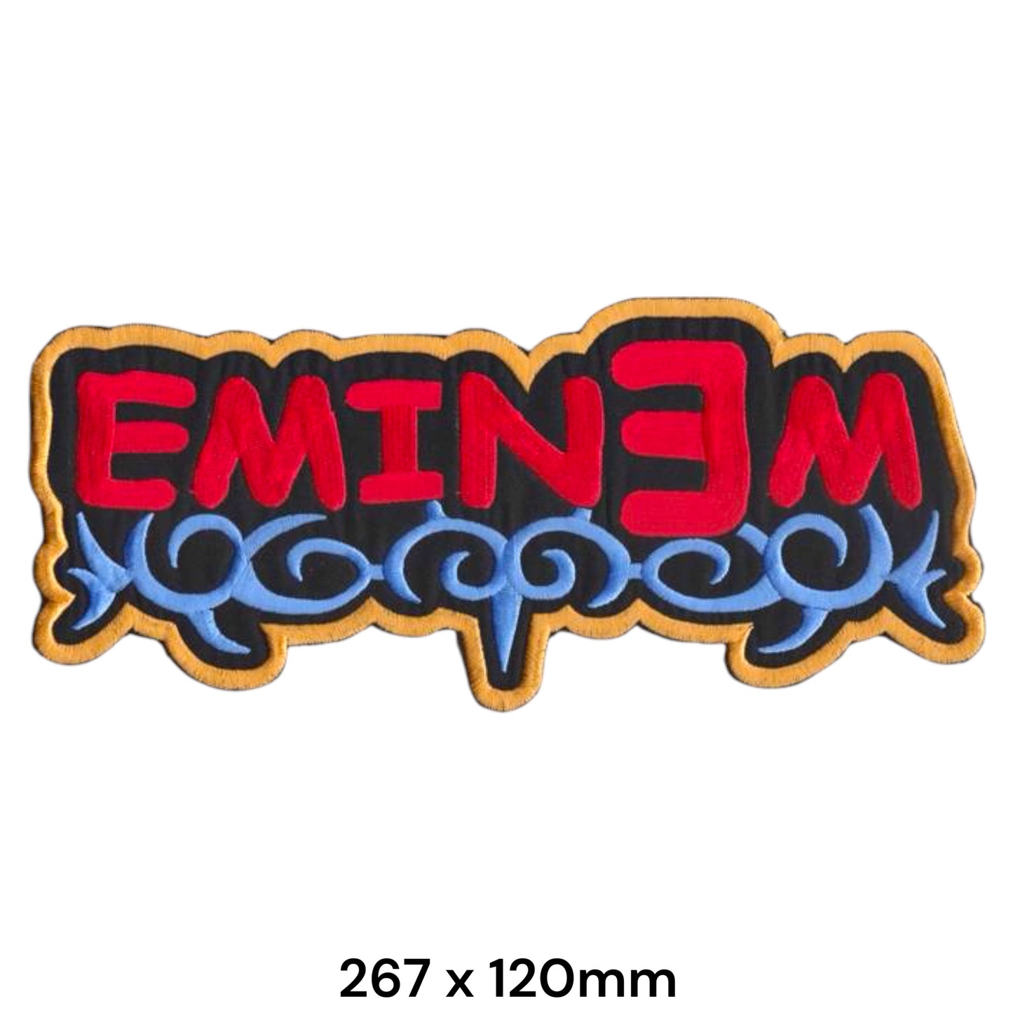 Eminem Reversed E Graffiti Logo Blue Scroll Die-Cut Large Back Patch 267x120mm – Red, Blue, Yellow/Gold & Black