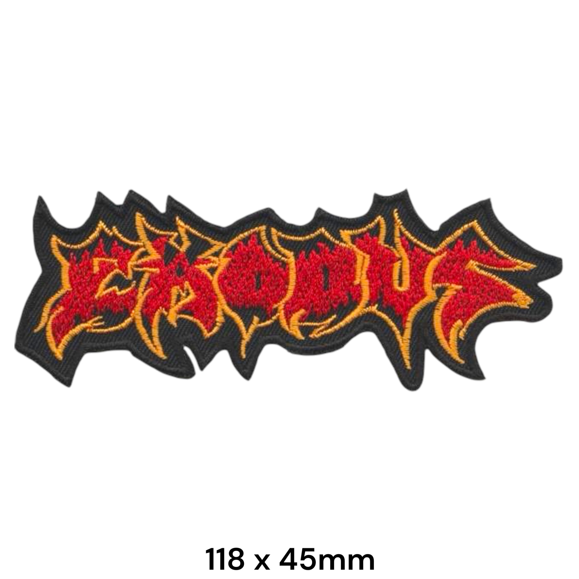 Exodus Band Name Logo Orange Flame Die-Cut Embroidered Patch 118x45mm – Red, Orange/Gold & Black