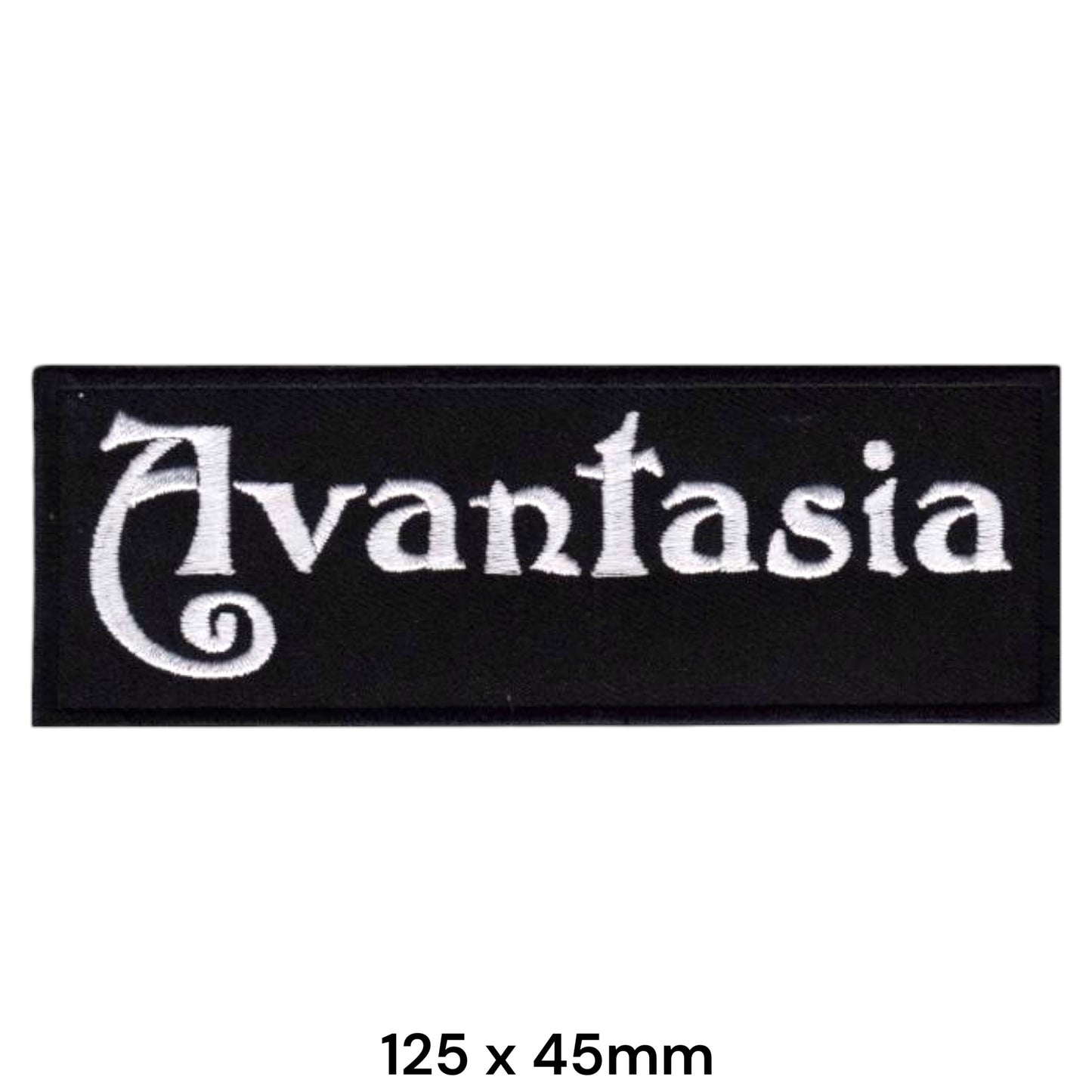 Avantasia Band Name Gothic Script White Rectangular Embroidered Patch 125x45mm – White & Black
