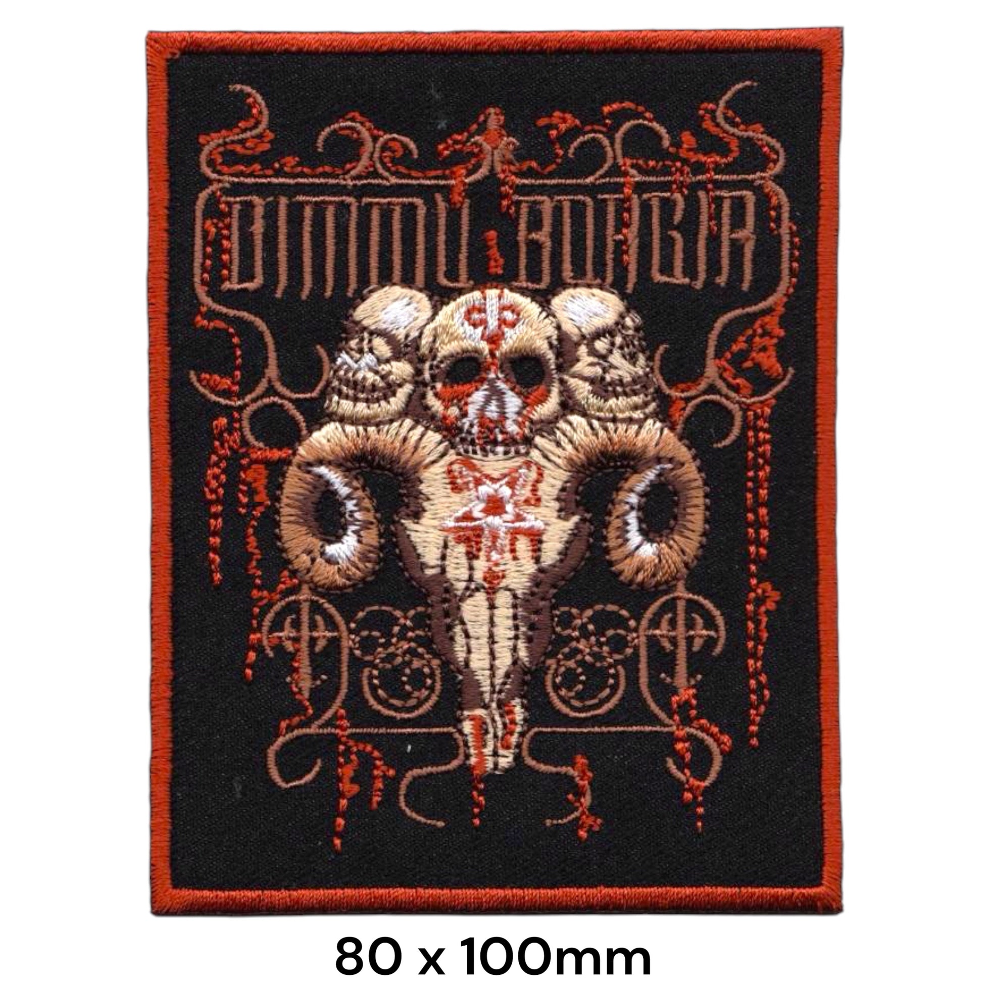 Dimmu Borgir Triple Skull Ram Horns Rectangular Embroidered Patch 80x100mm – Beige/Tan, Red & Black