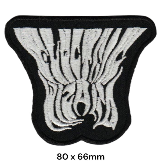 Electric Wizard Band Name Wood-Grain Trapezoid Die-Cut Embroidered Patch 80x66mm – White/Silver & Black